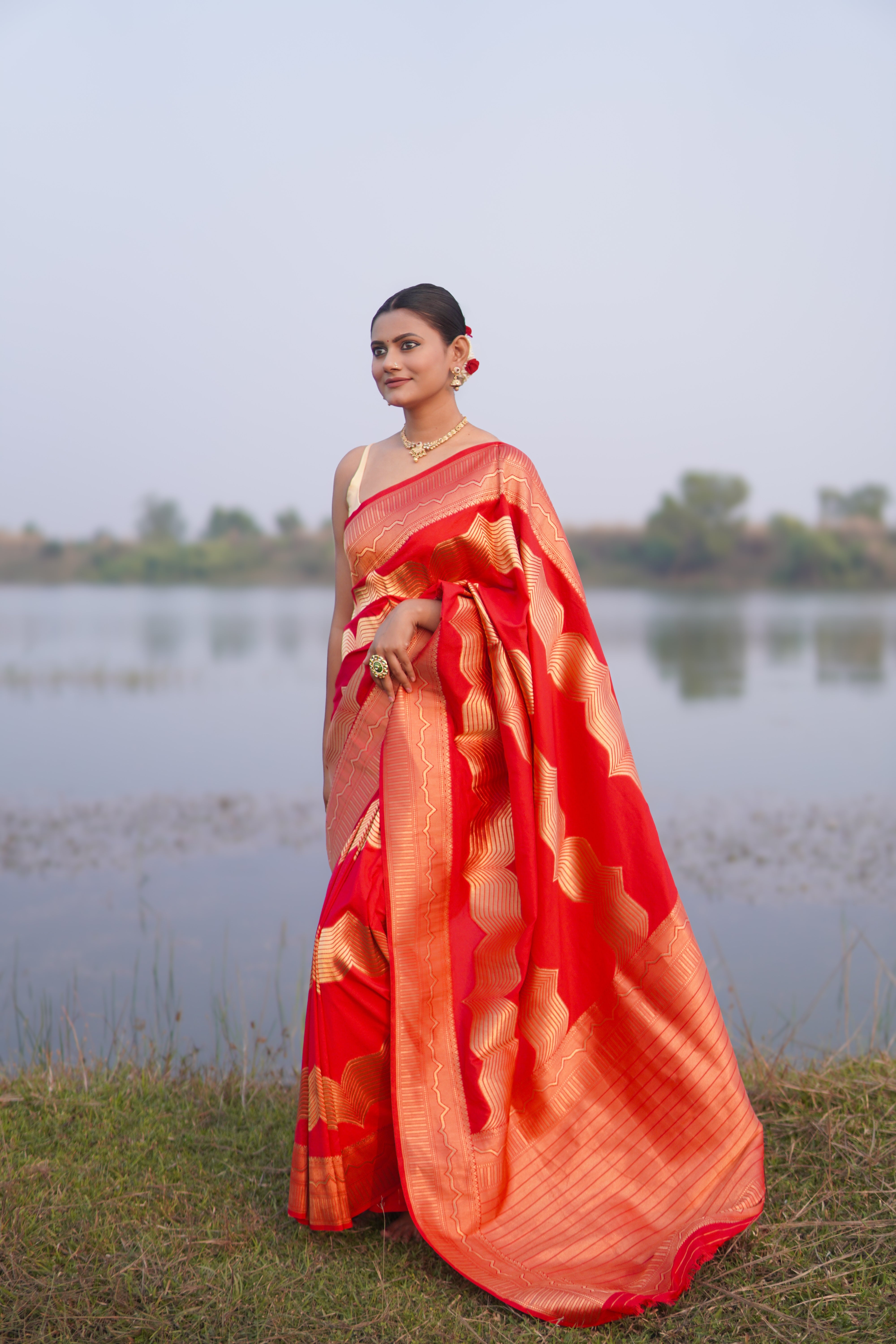 Banrasi katan stripe jari saree Rich red