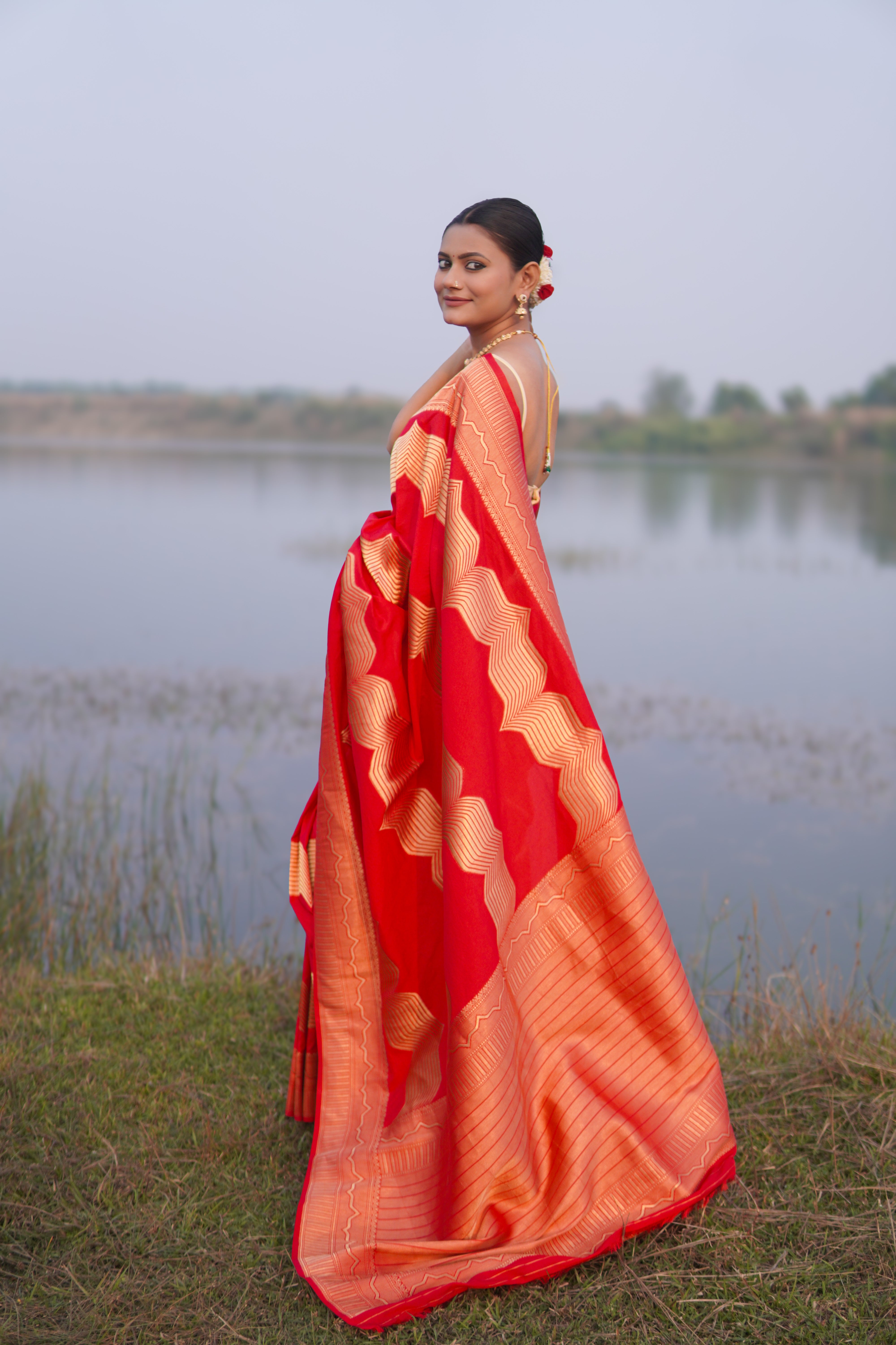 Banrasi katan stripe jari saree Rich red