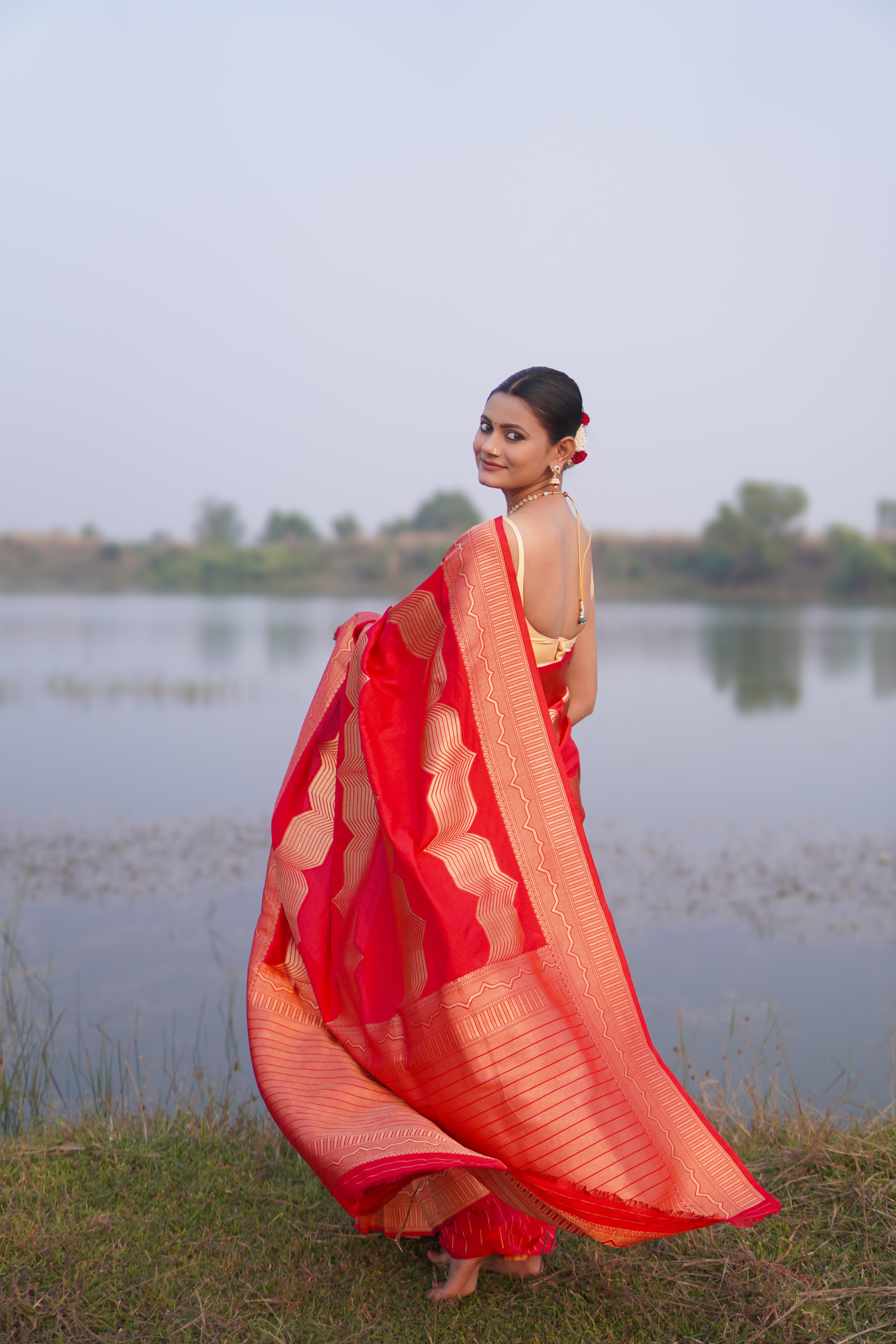 Banrasi katan stripe jari saree Rich red