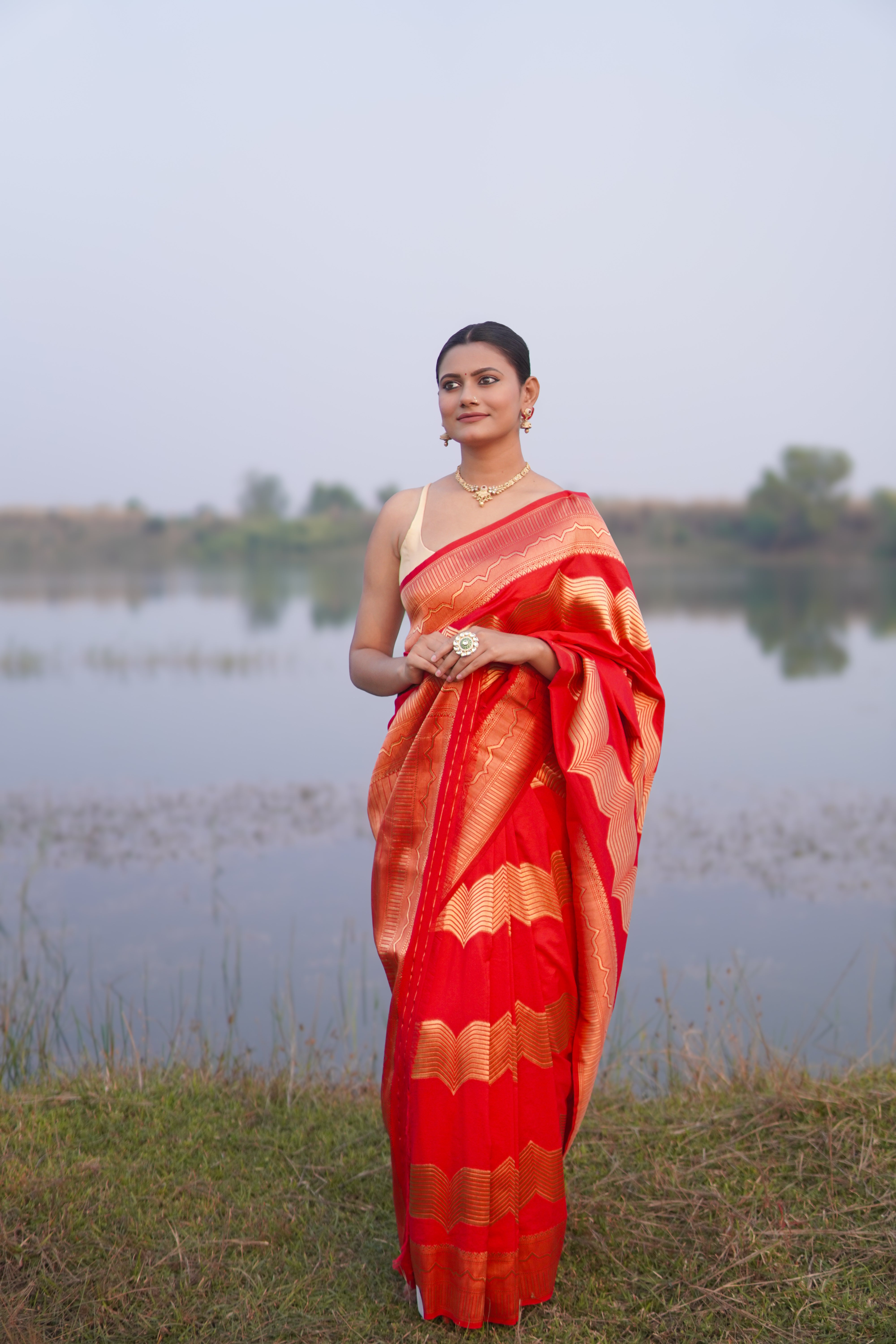 Banrasi katan stripe jari saree Rich red