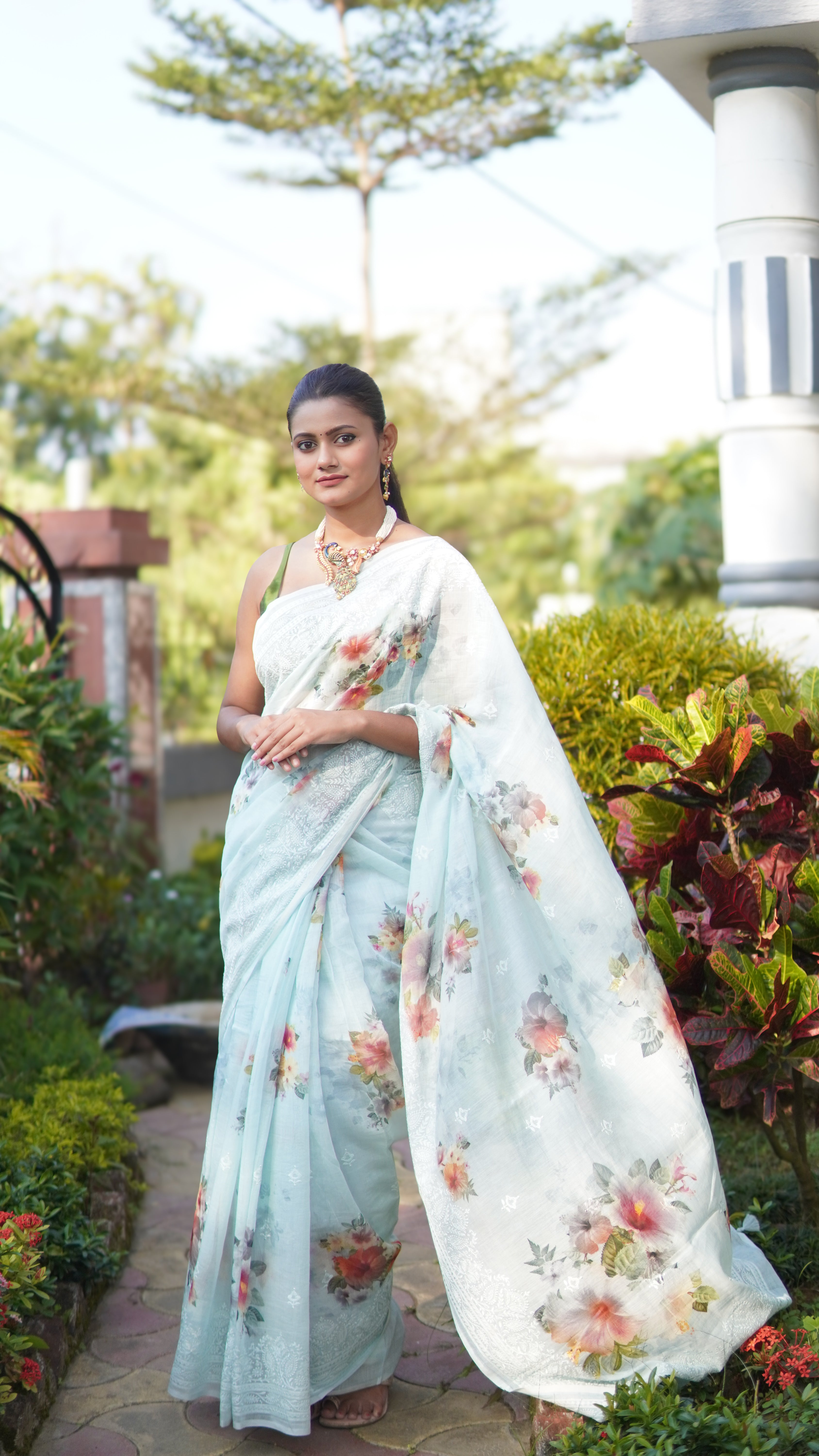 Petal Whisper Banarasi Mulmul Cotton Saree in Mint green