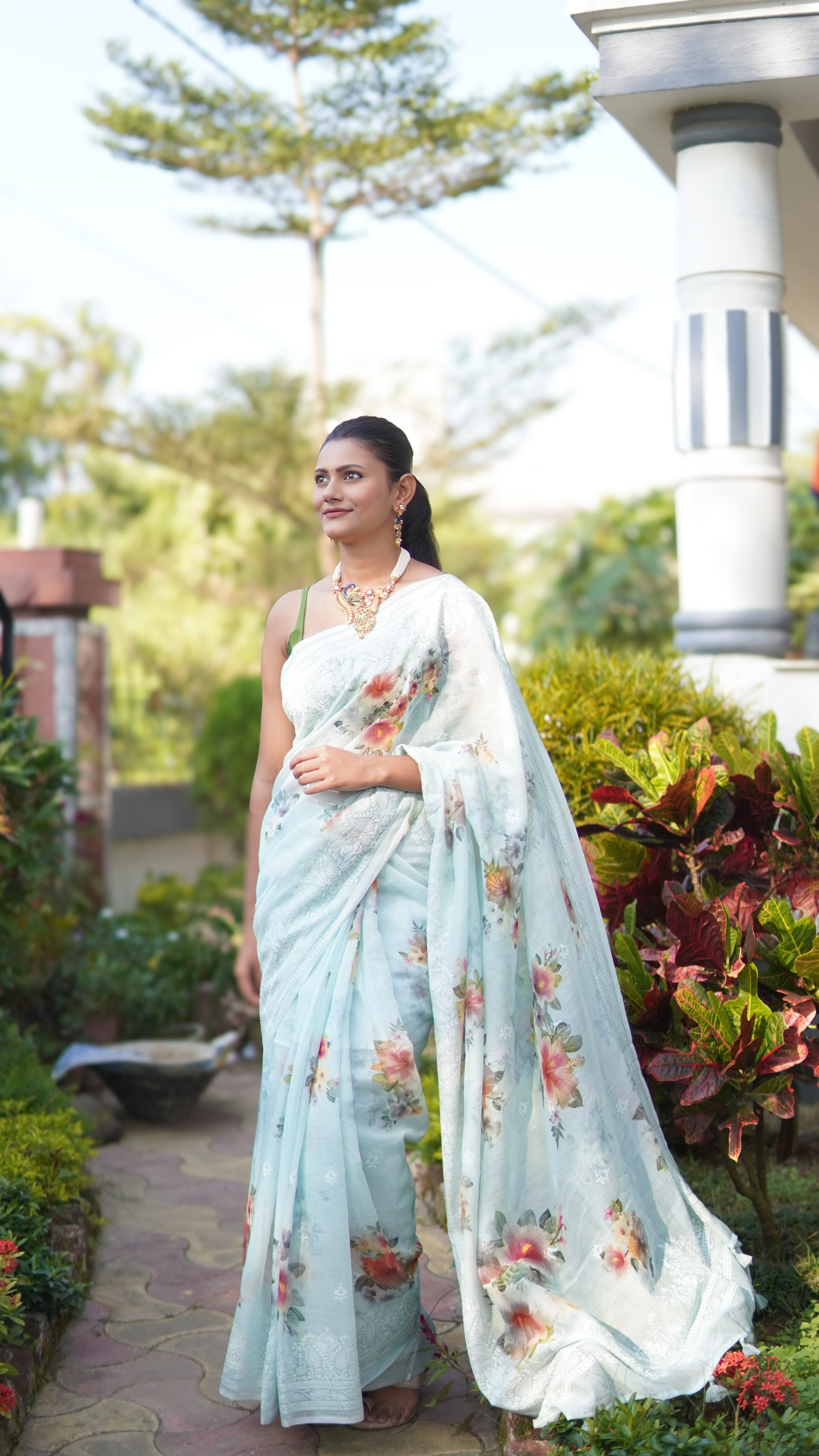 Petal Whisper Banarasi Mulmul Cotton Saree in Mint green