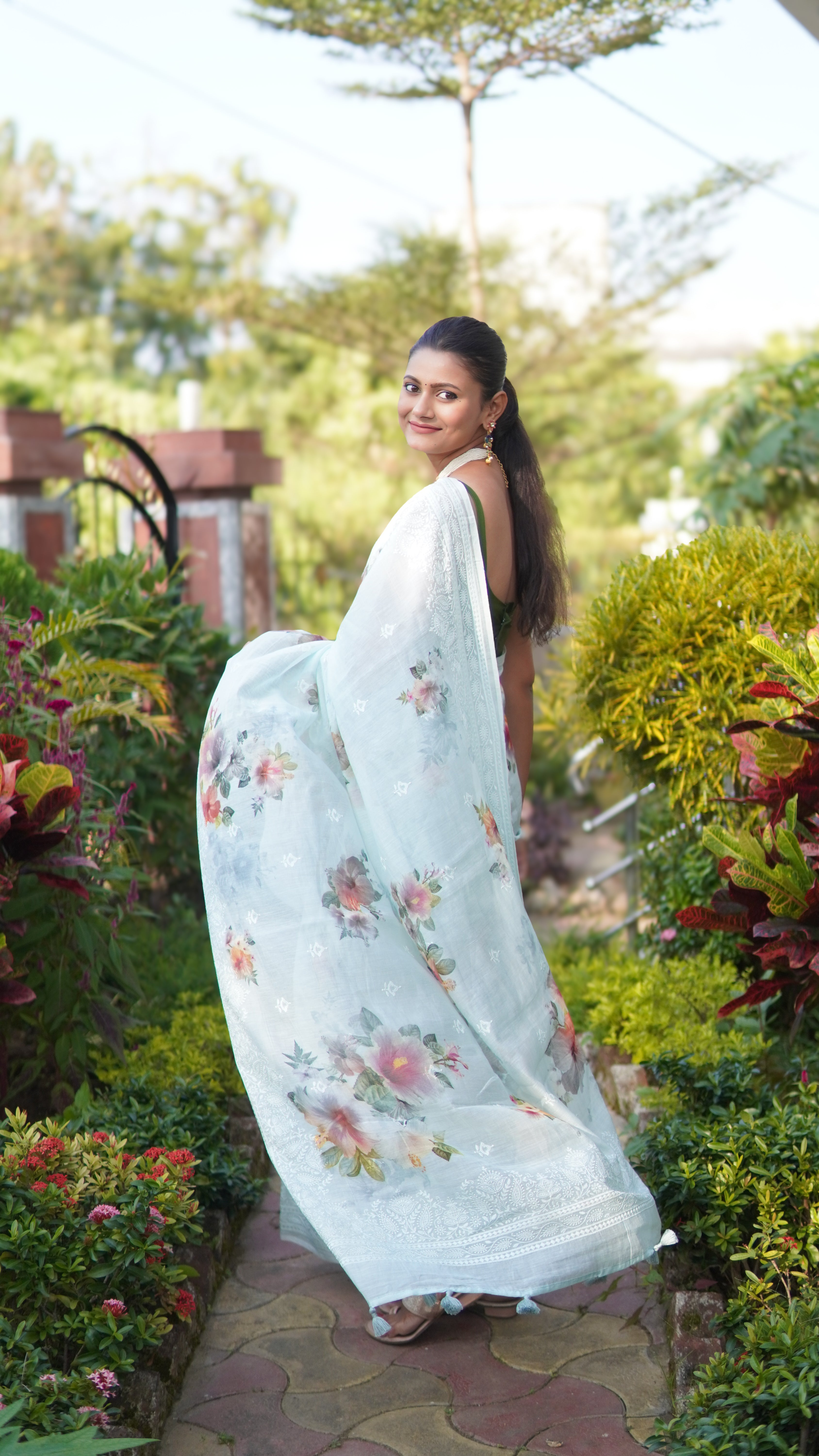 Petal Whisper Banarasi Mulmul Cotton Saree in Mint green