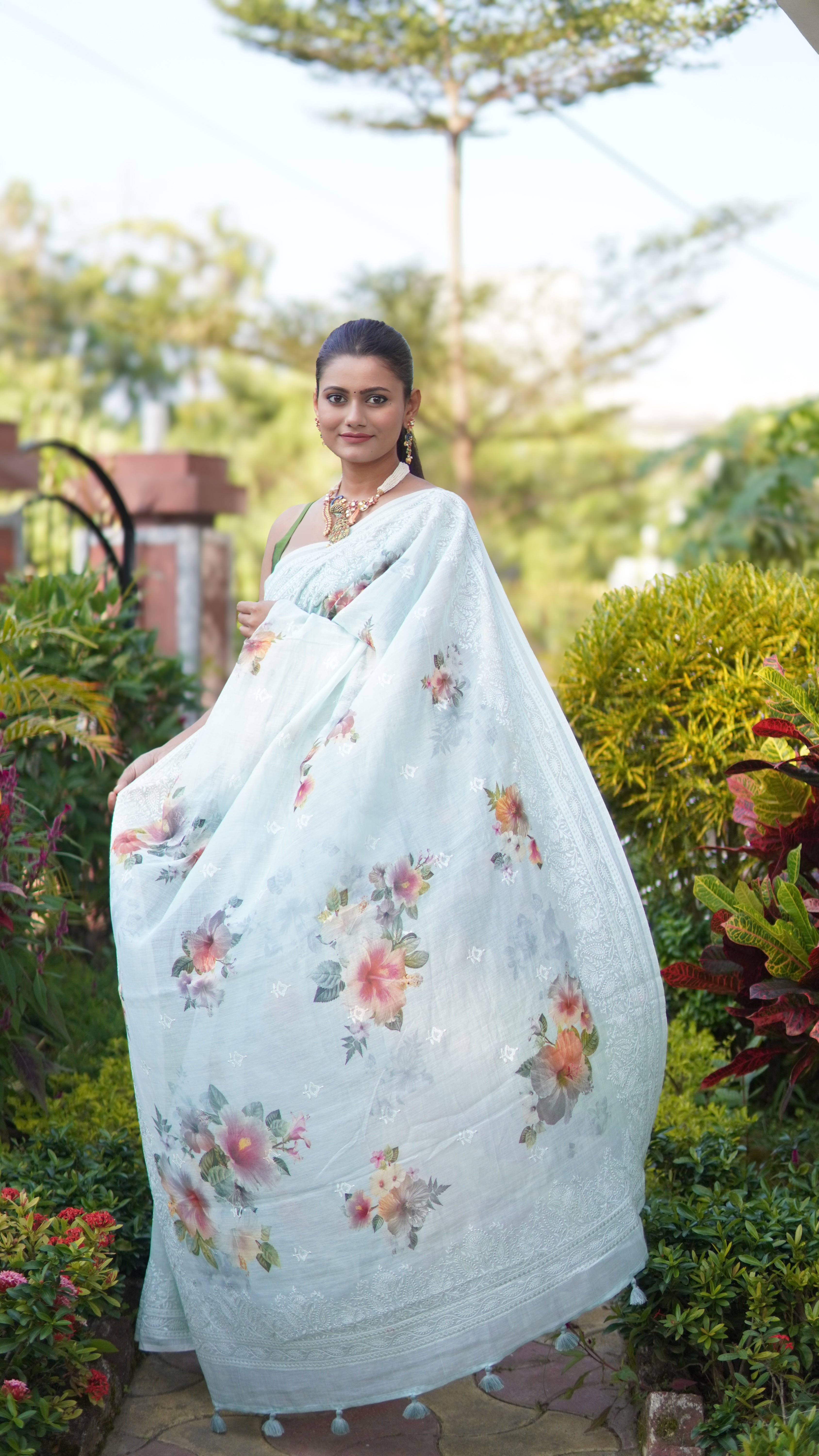 Petal Whisper Banarasi Mulmul Cotton Saree in Mint green