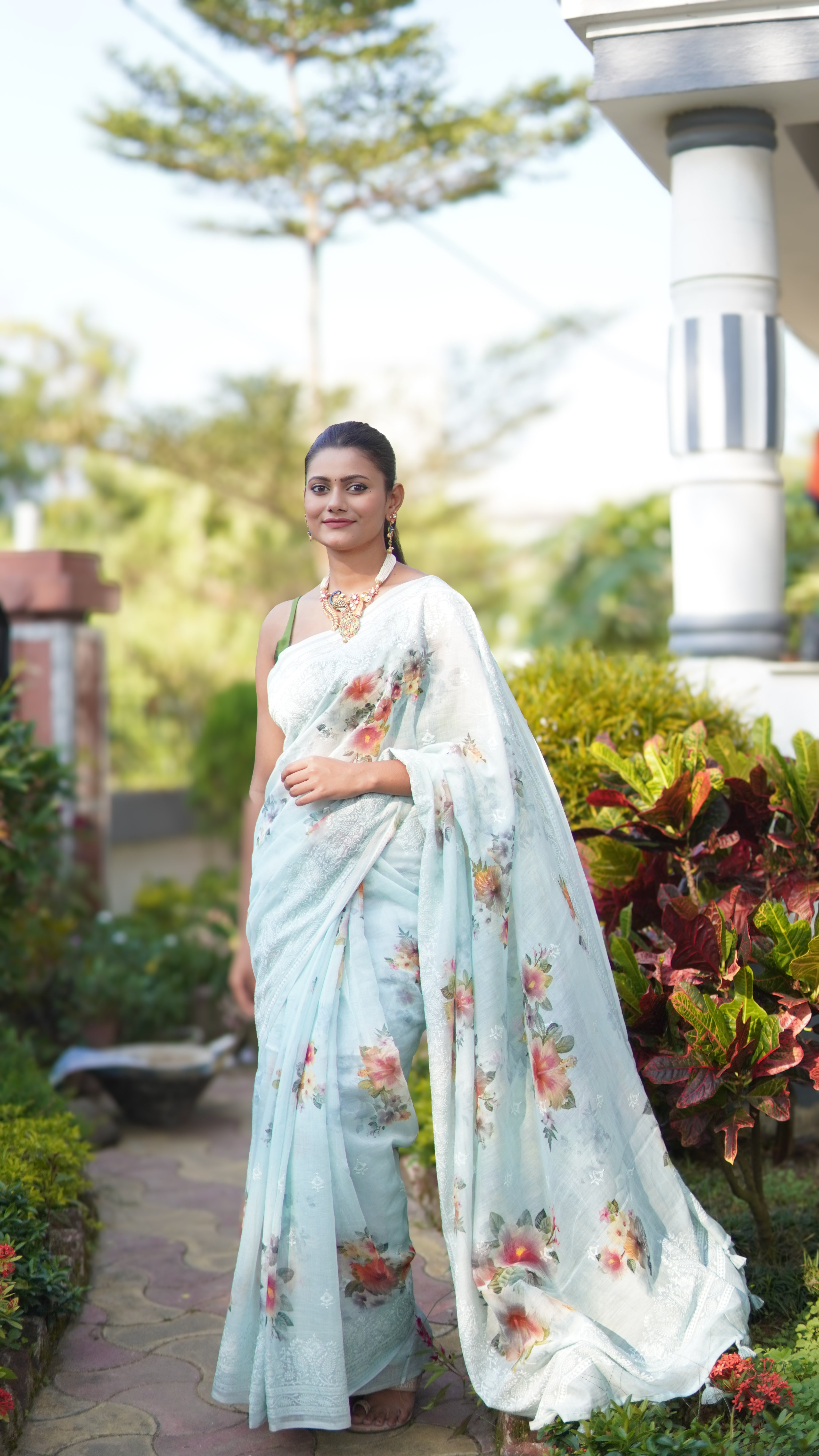 Petal Whisper Banarasi Mulmul Cotton Saree in Mint green