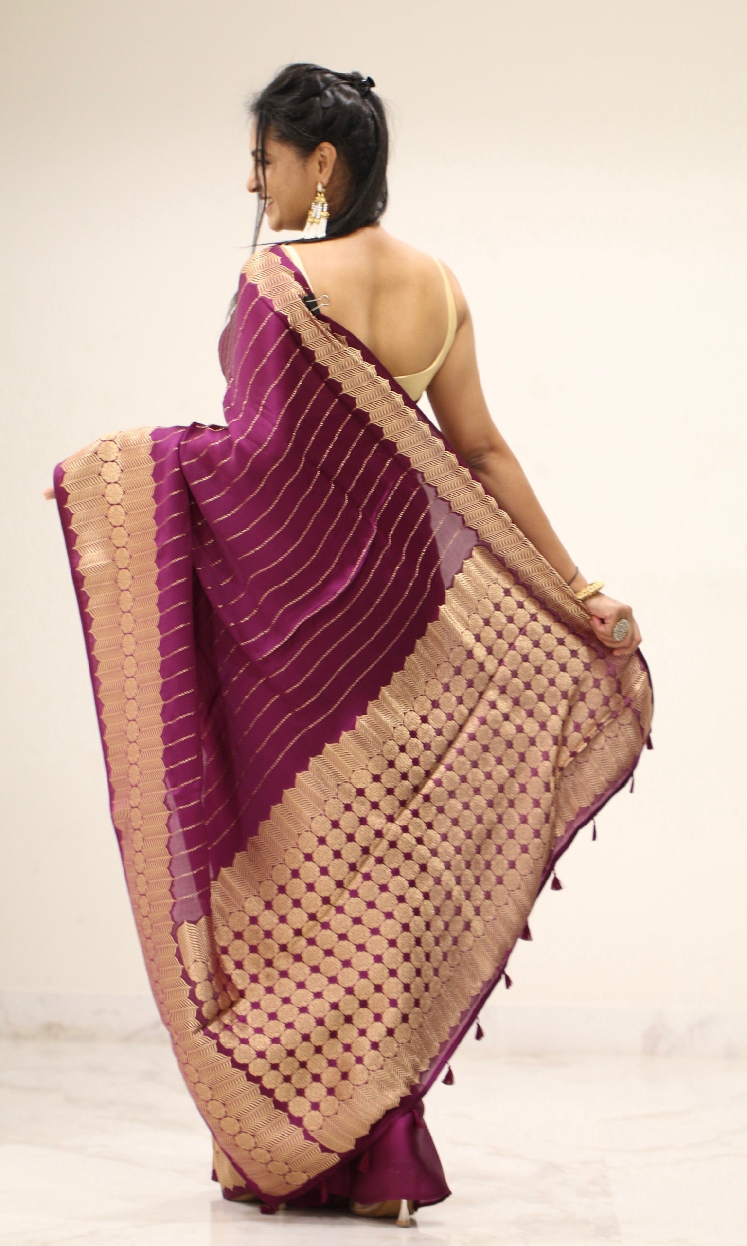 Banarasi Fancy Crepe Stripe Saree - Plum Purple