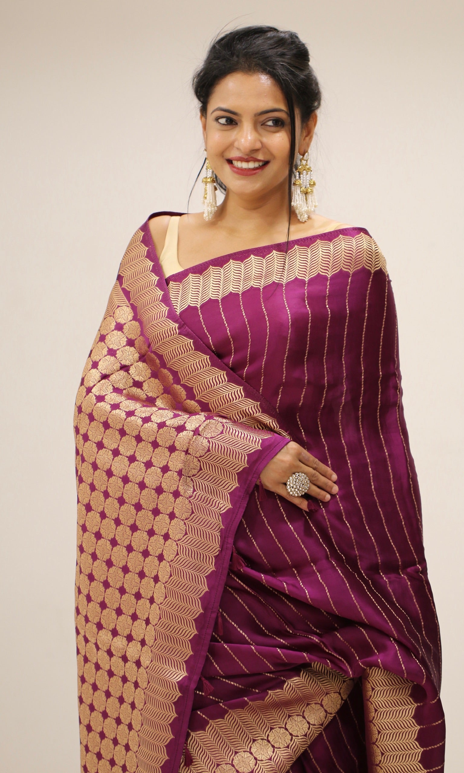 Banarasi Fancy Crepe Stripe Saree - Plum Purple