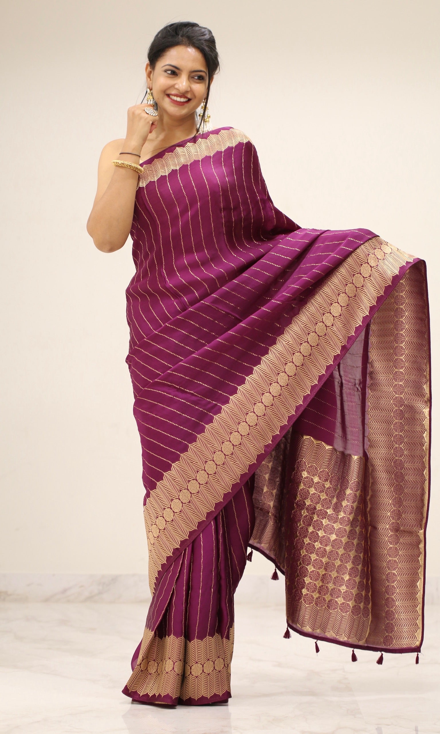 Banarasi Fancy Crepe Stripe Saree - Plum Purple