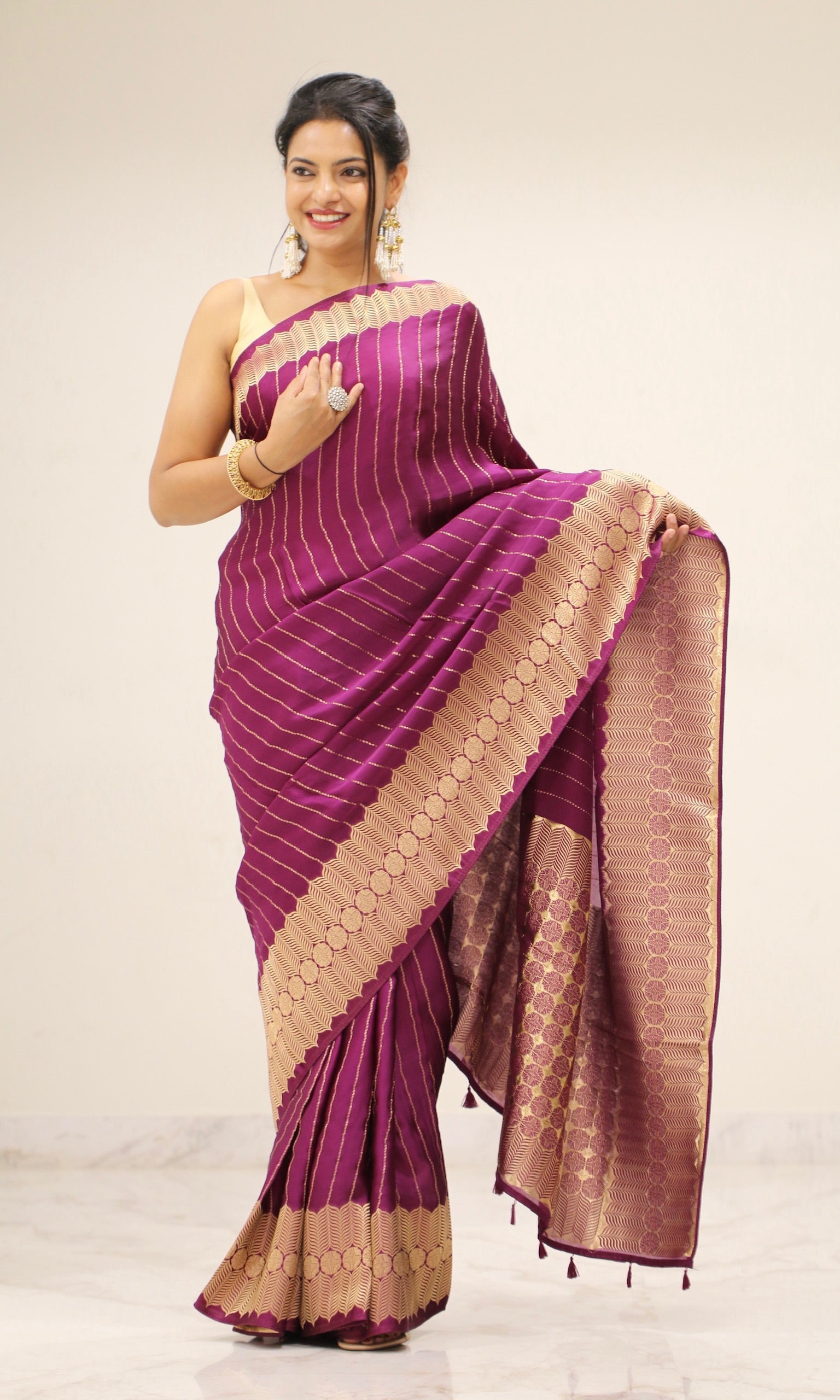 Banarasi Fancy Crepe Stripe Saree - Plum Purple