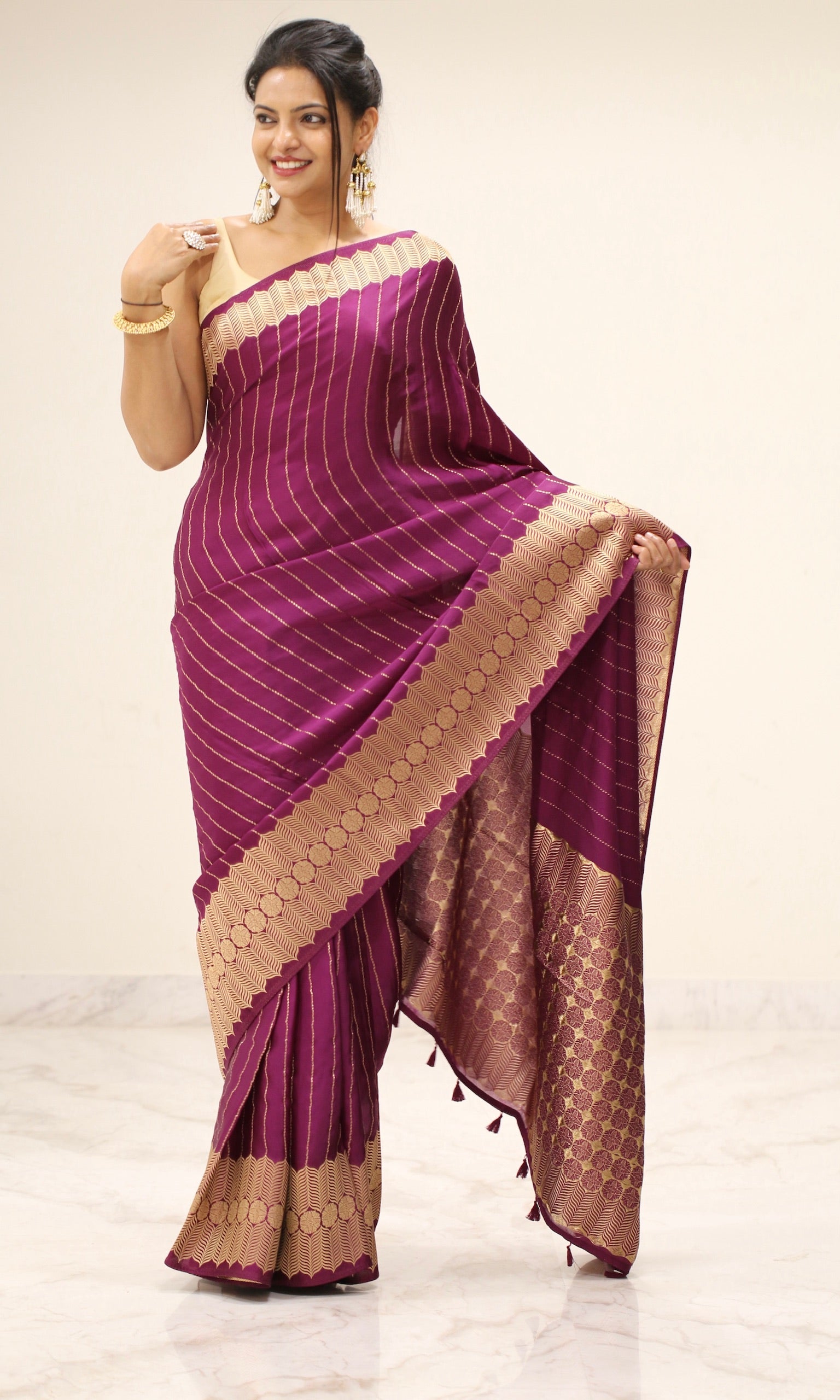 Banarasi Fancy Crepe Stripe Saree - Plum Purple