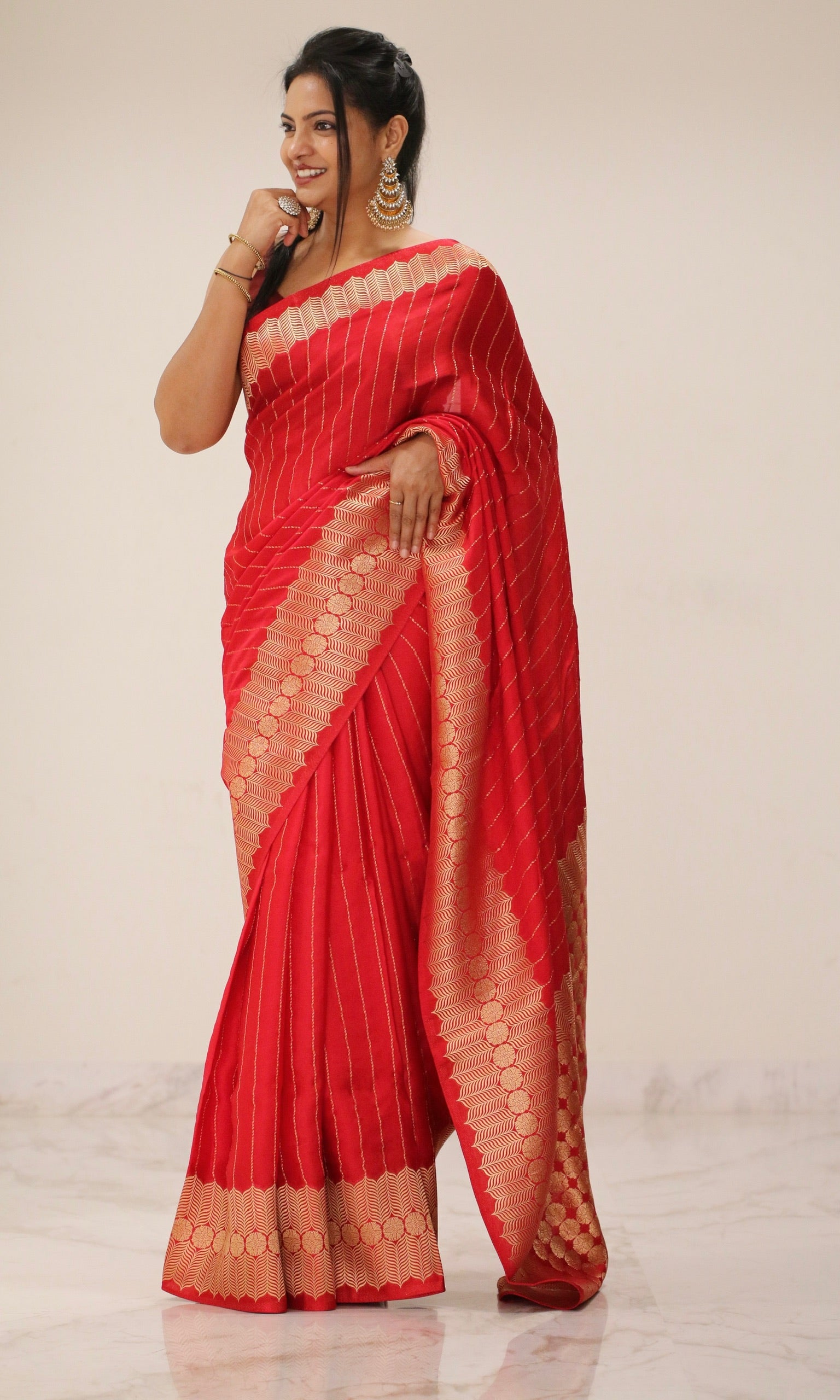 Banarasi Fancy Crepe Stripe Saree - Crisp Red