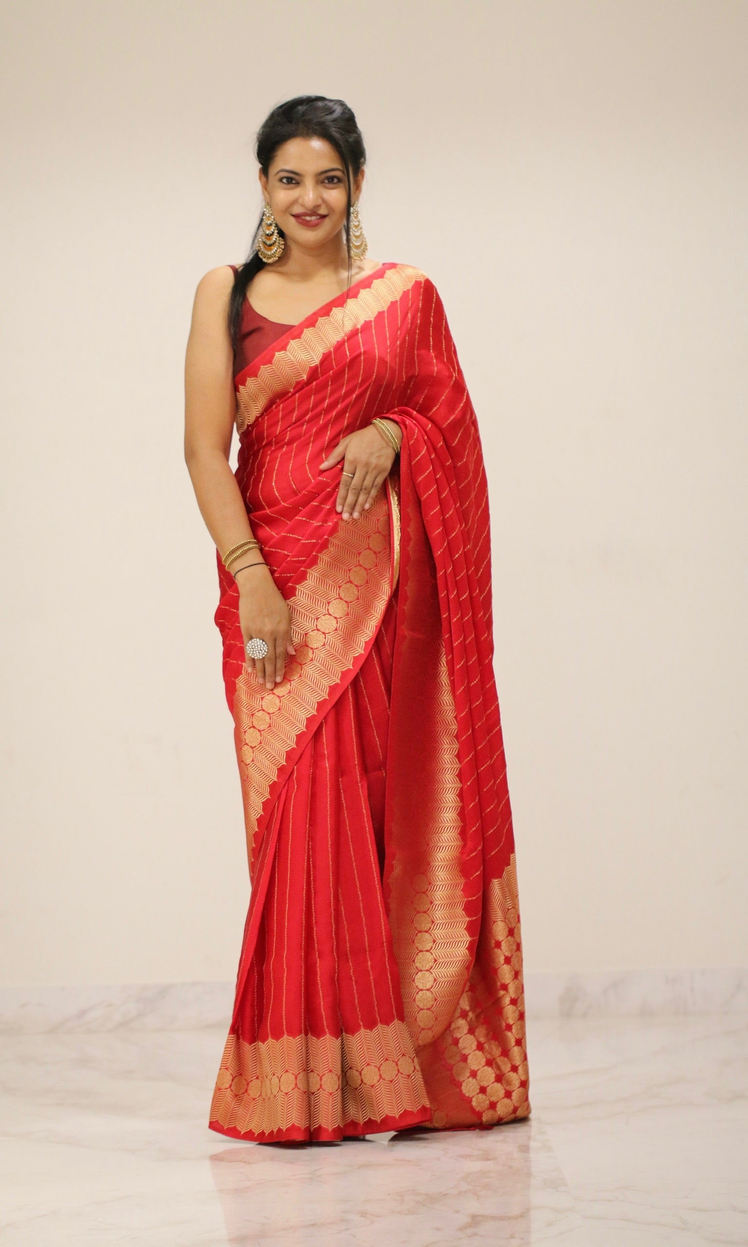 Banarasi Fancy Crepe Stripe Saree - Crisp Red