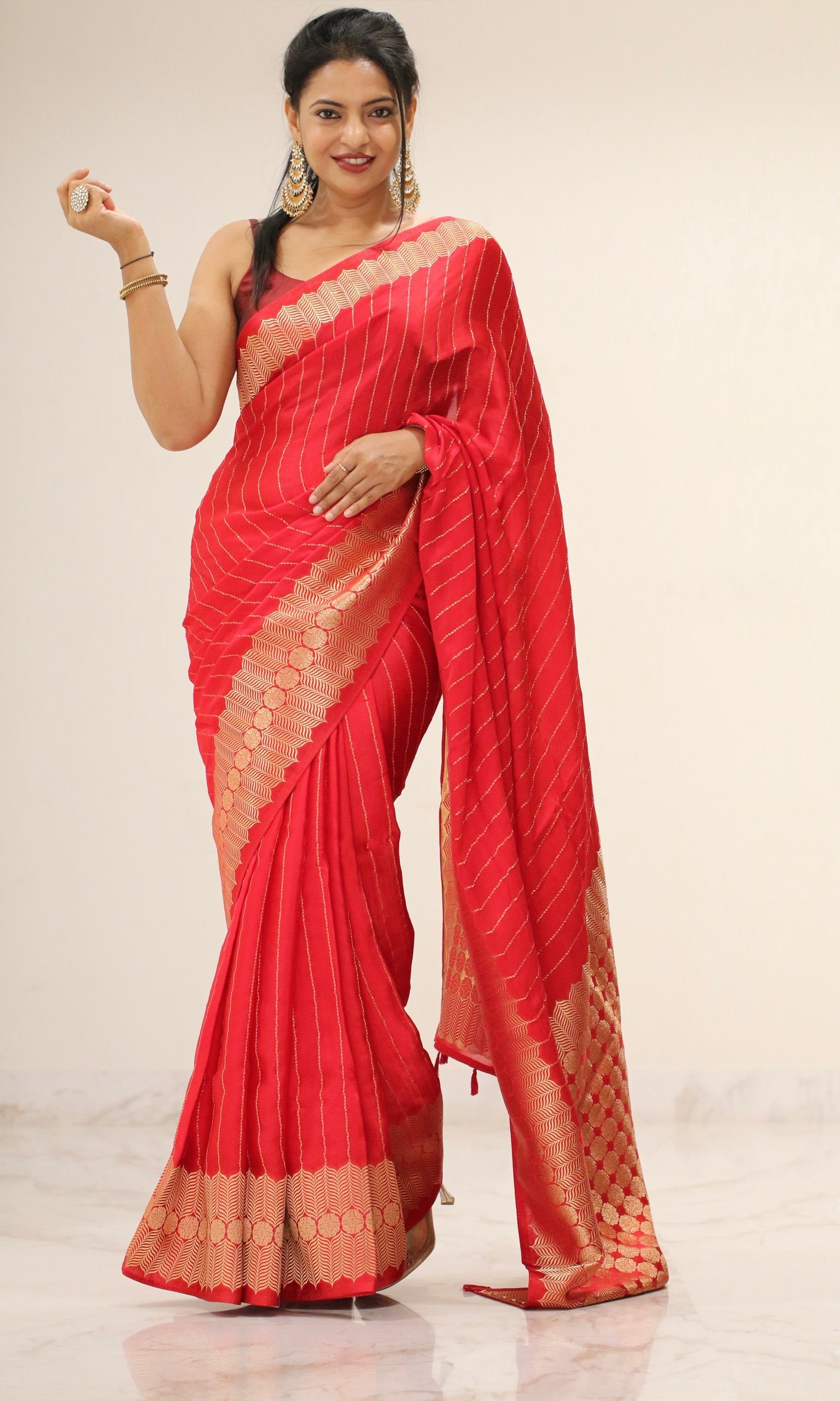 Banarasi Fancy Crepe Stripe Saree - Crisp Red