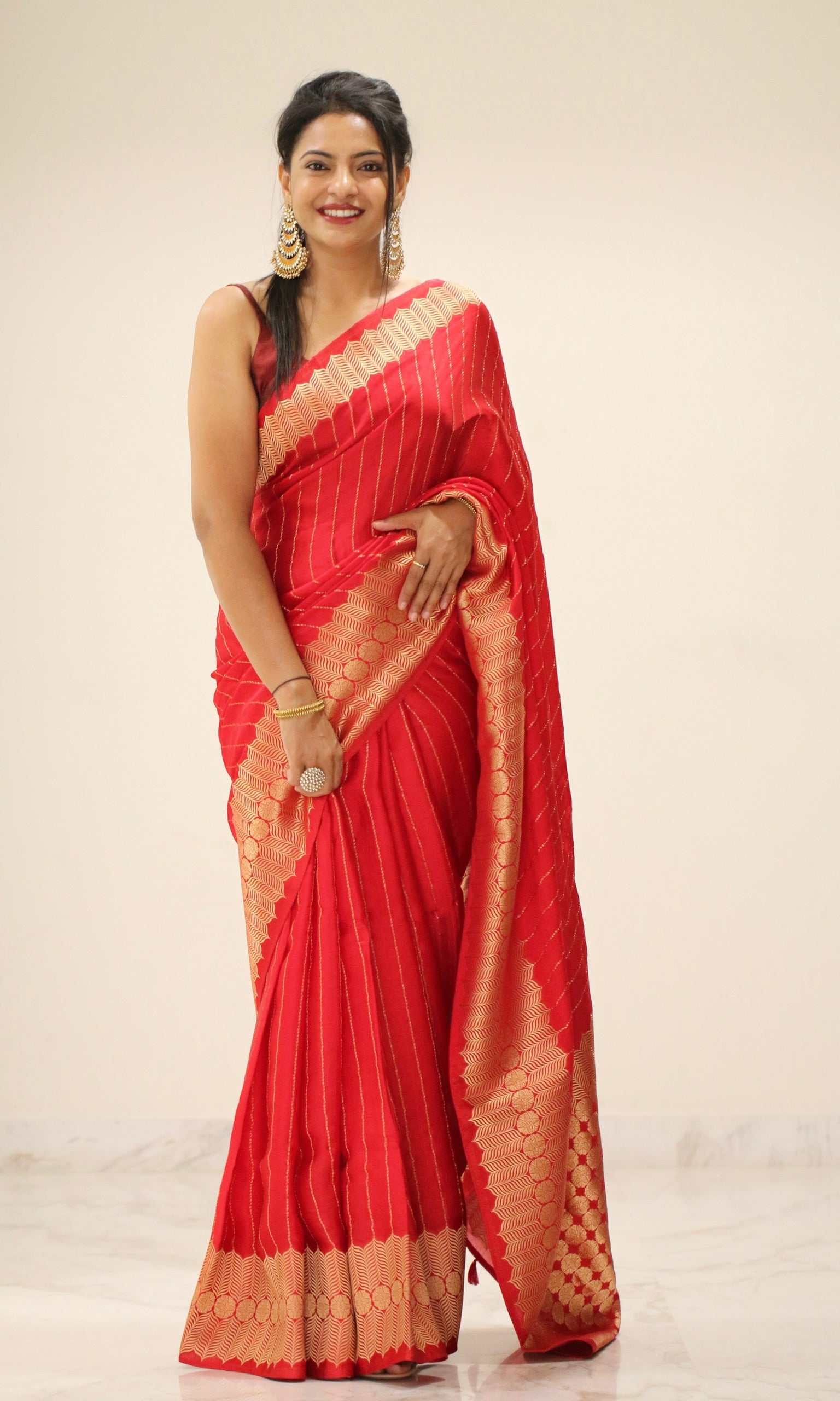 Banarasi Fancy Crepe Stripe Saree - Crisp Red