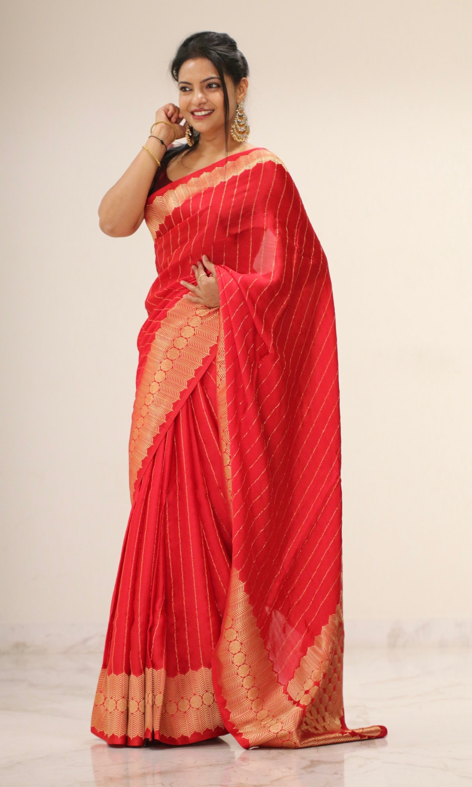 Banarasi Fancy Crepe Stripe Saree - Crisp Red