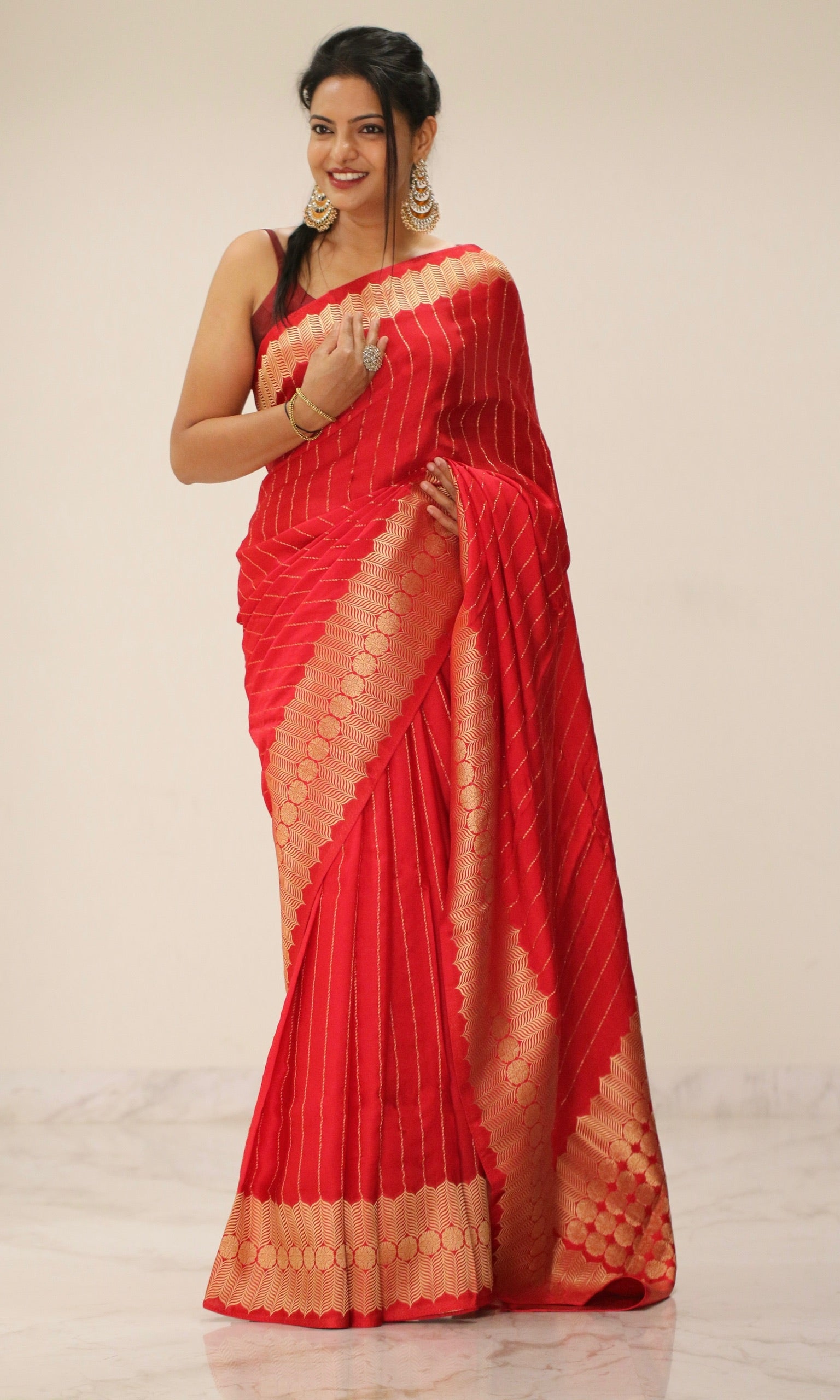 Banarasi Fancy Crepe Stripe Saree - Crisp Red