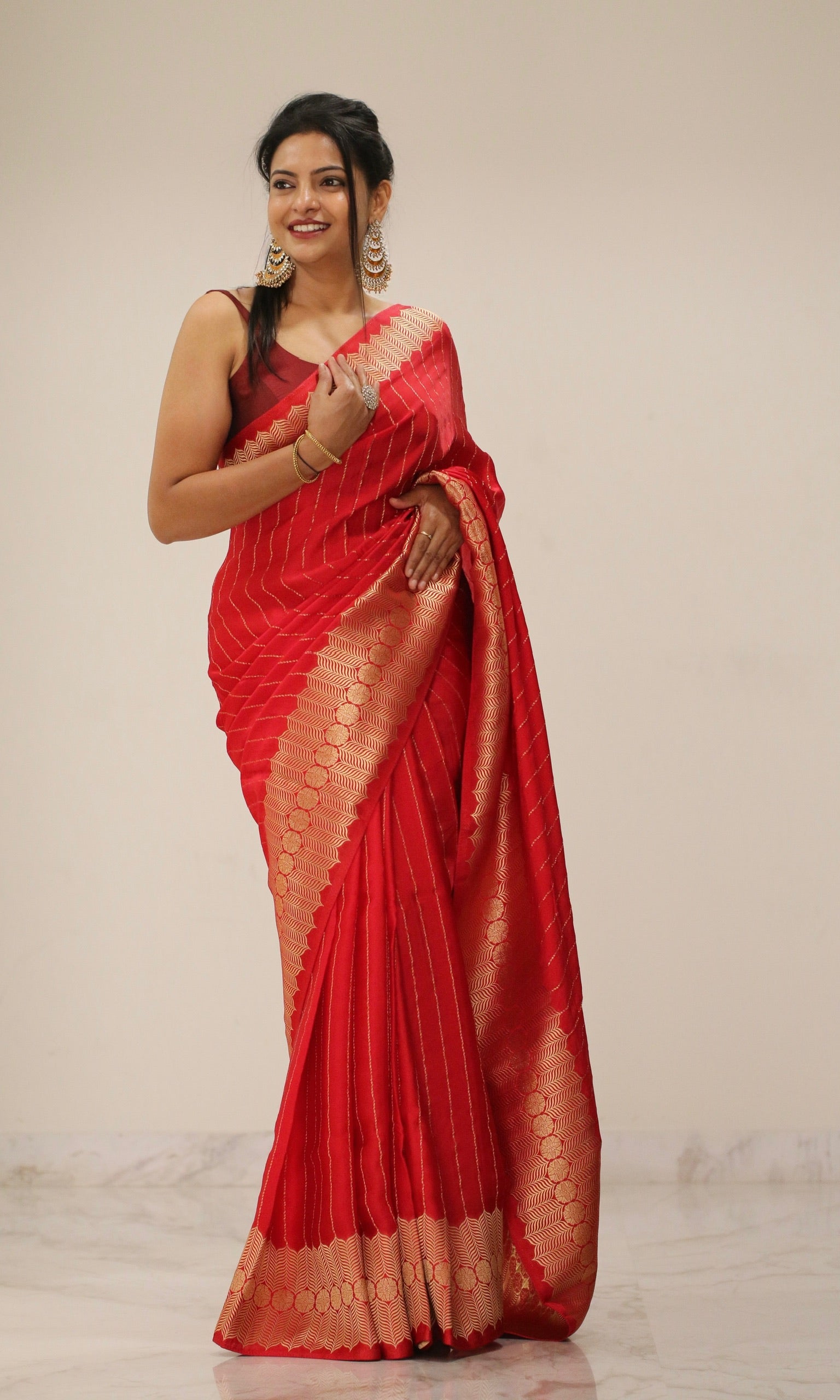 Banarasi Fancy Crepe Stripe Saree - Crisp Red