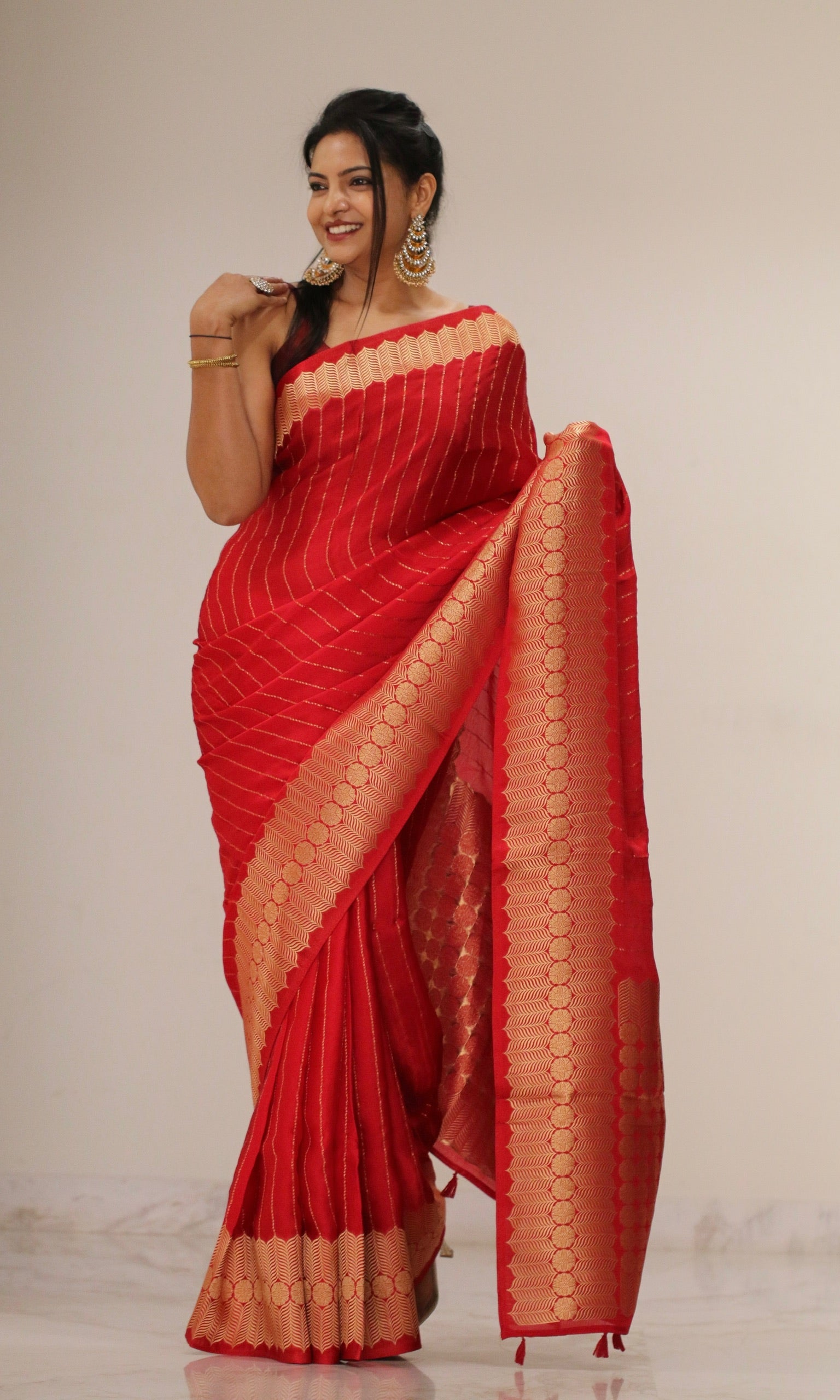 Banarasi Fancy Crepe Stripe Saree - Crisp Red