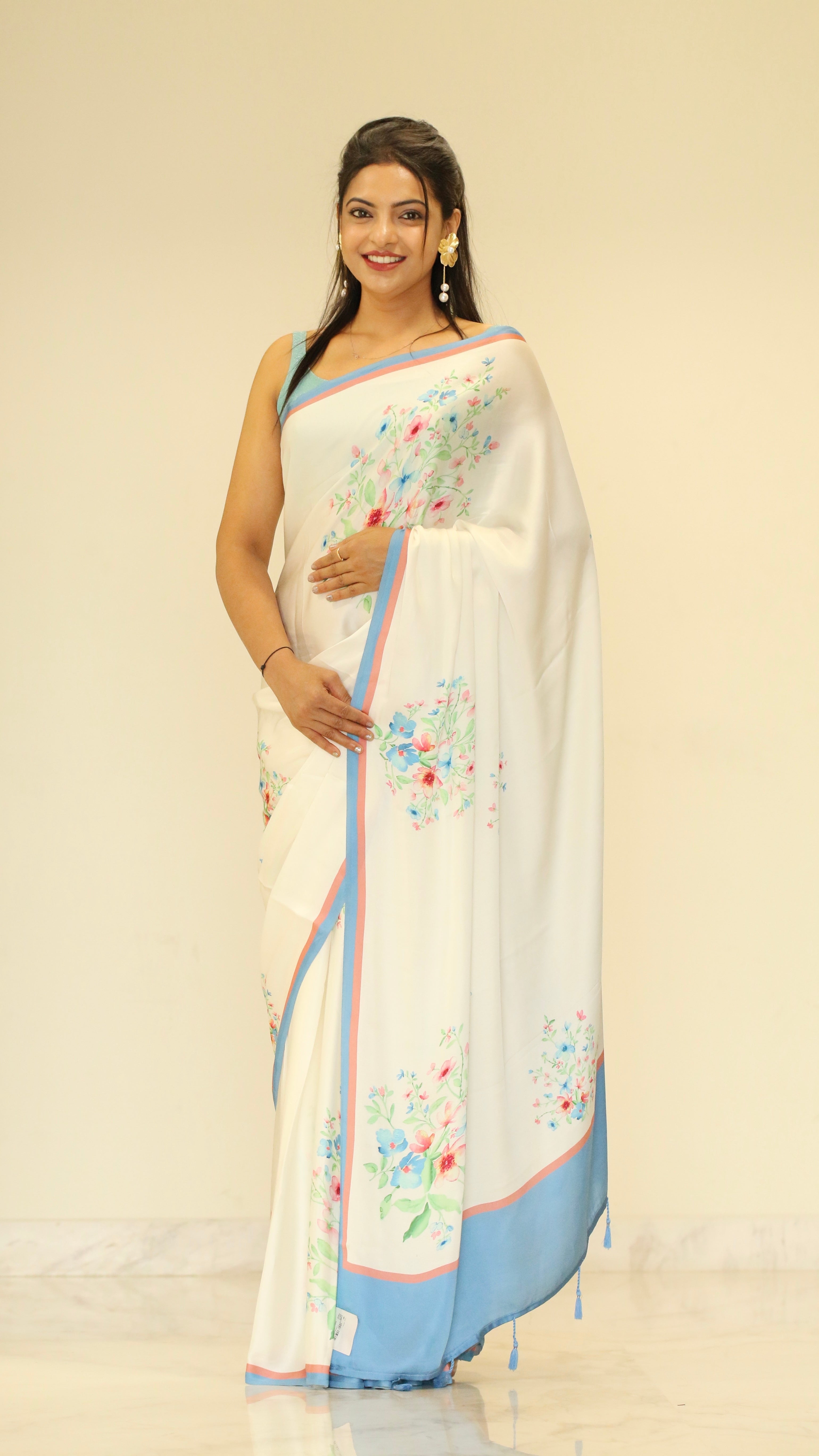 Banarasi satin silk printed saree - White