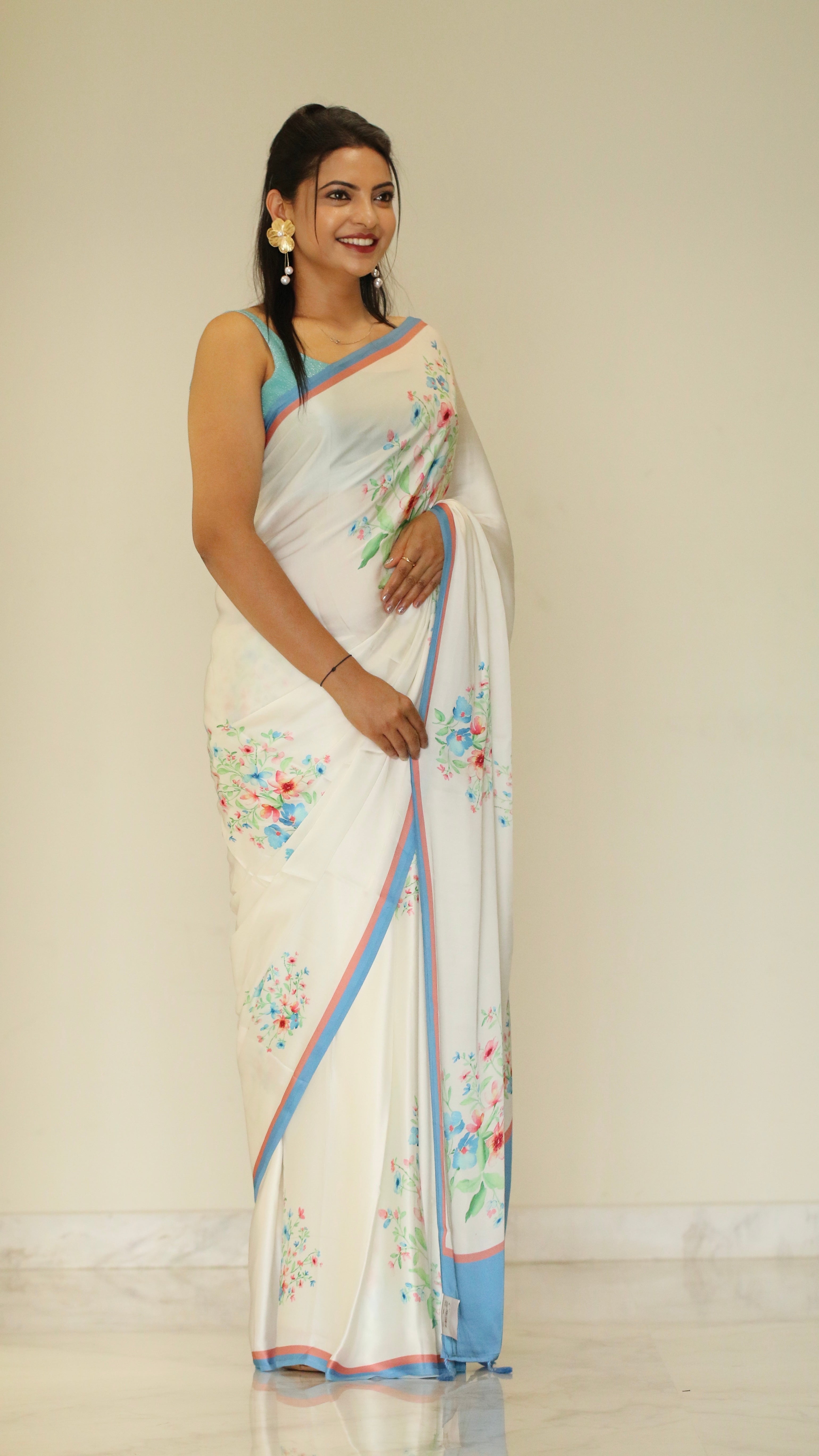 Banarasi satin silk printed saree - White