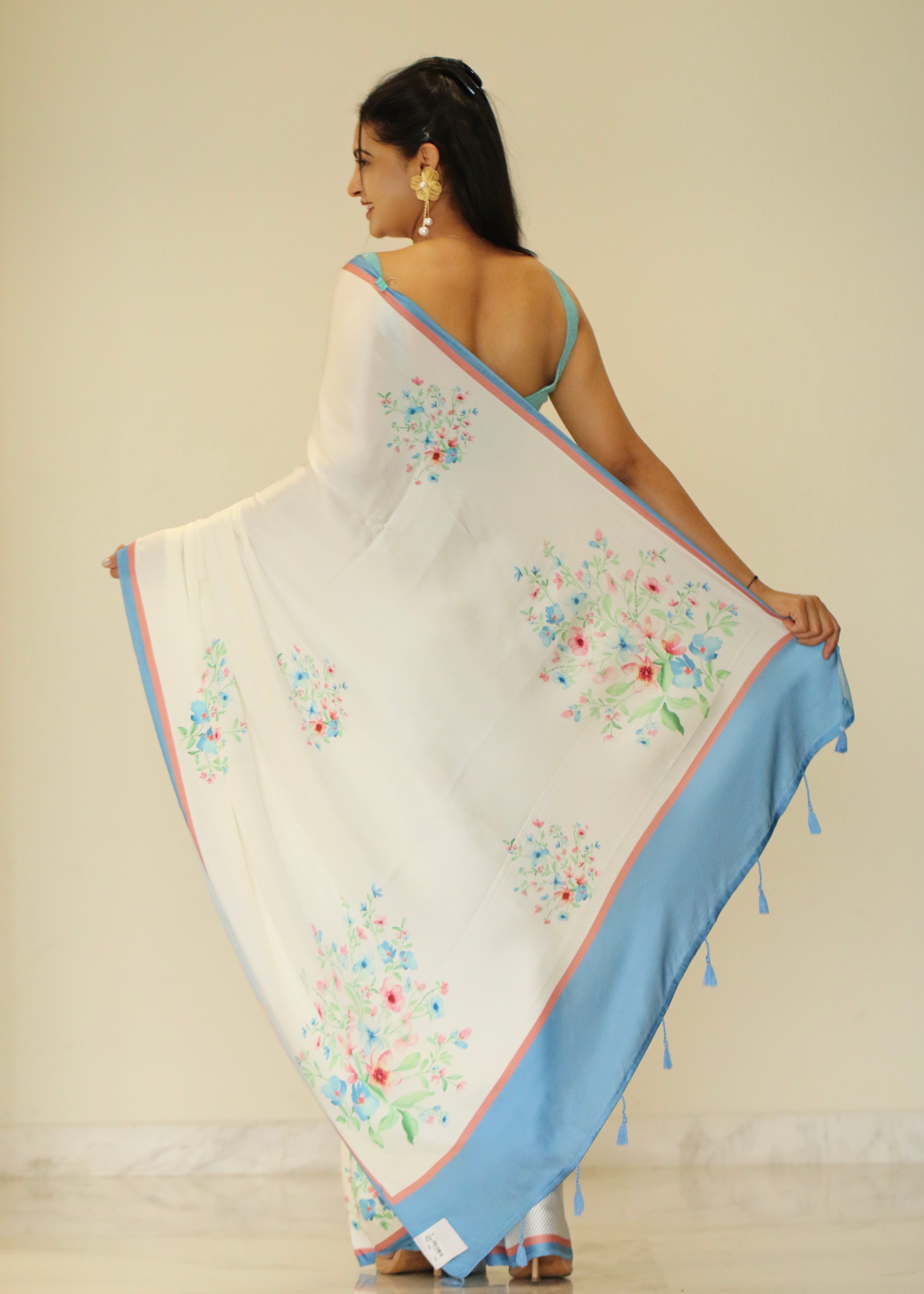Banarasi satin silk printed saree - White