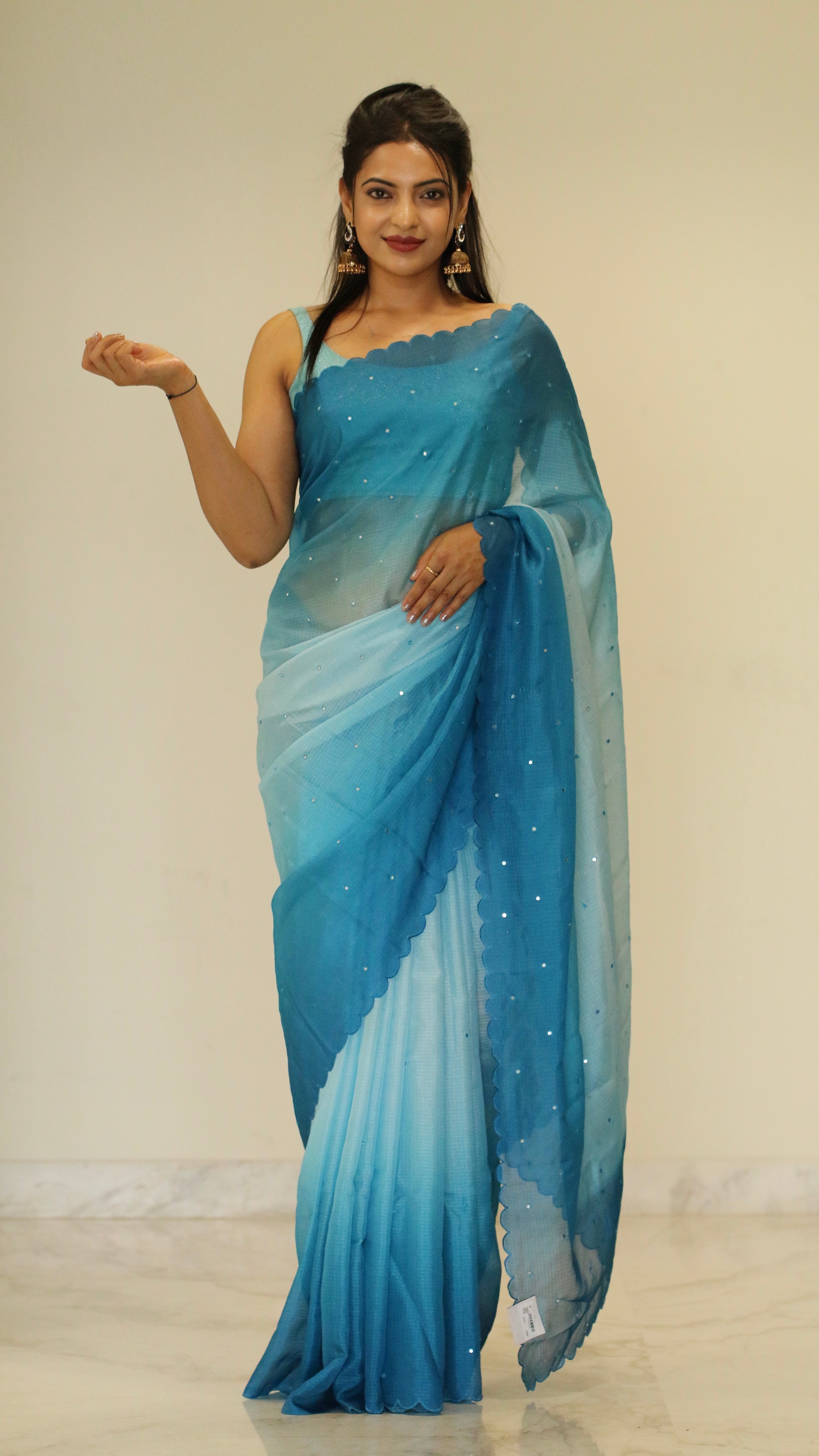 Banarasi Kota Glass Cut Work- Sea Blue Breeze Saree