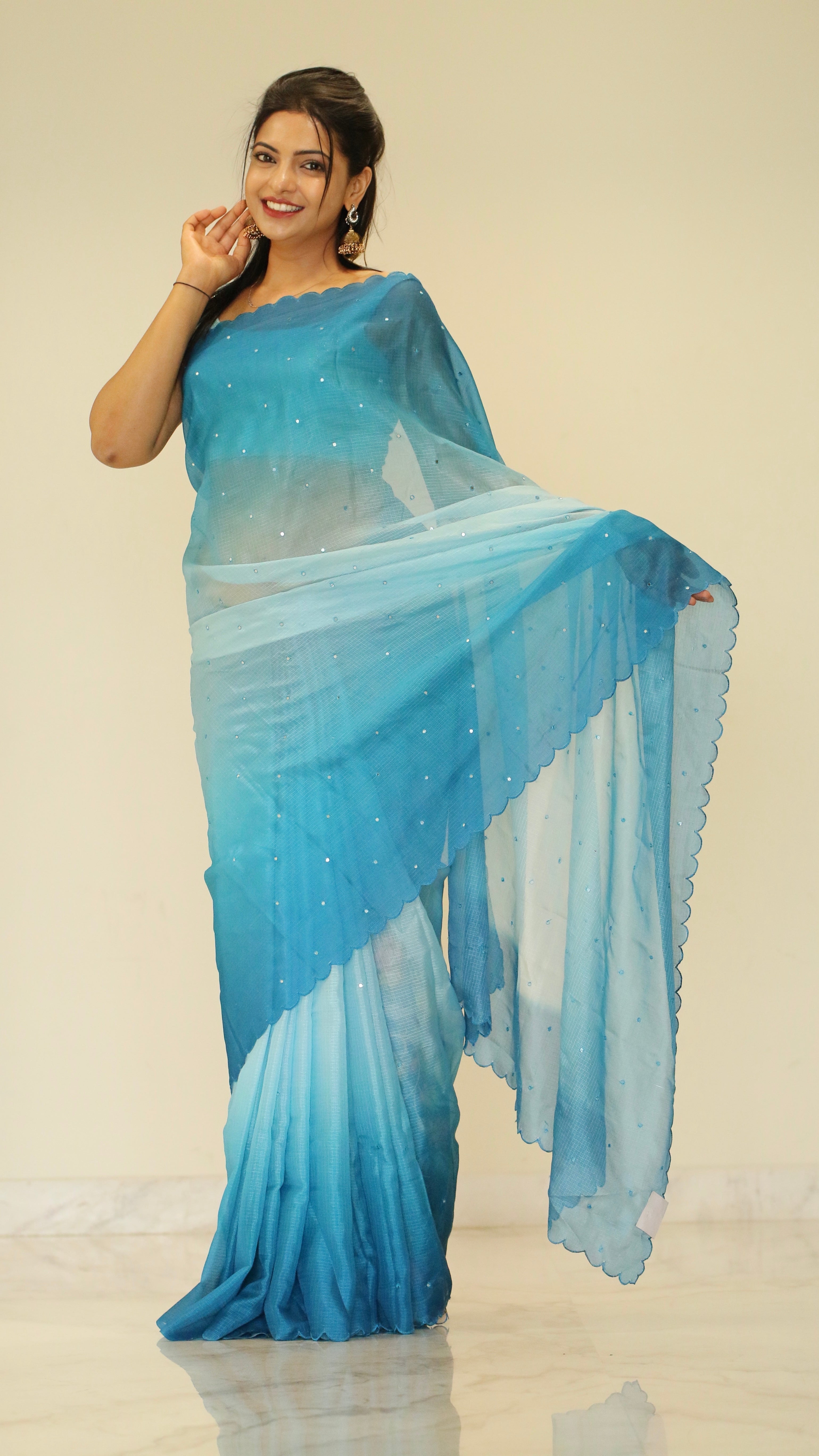 Banarasi Kota Glass Cut Work- Sea Blue Breeze Saree