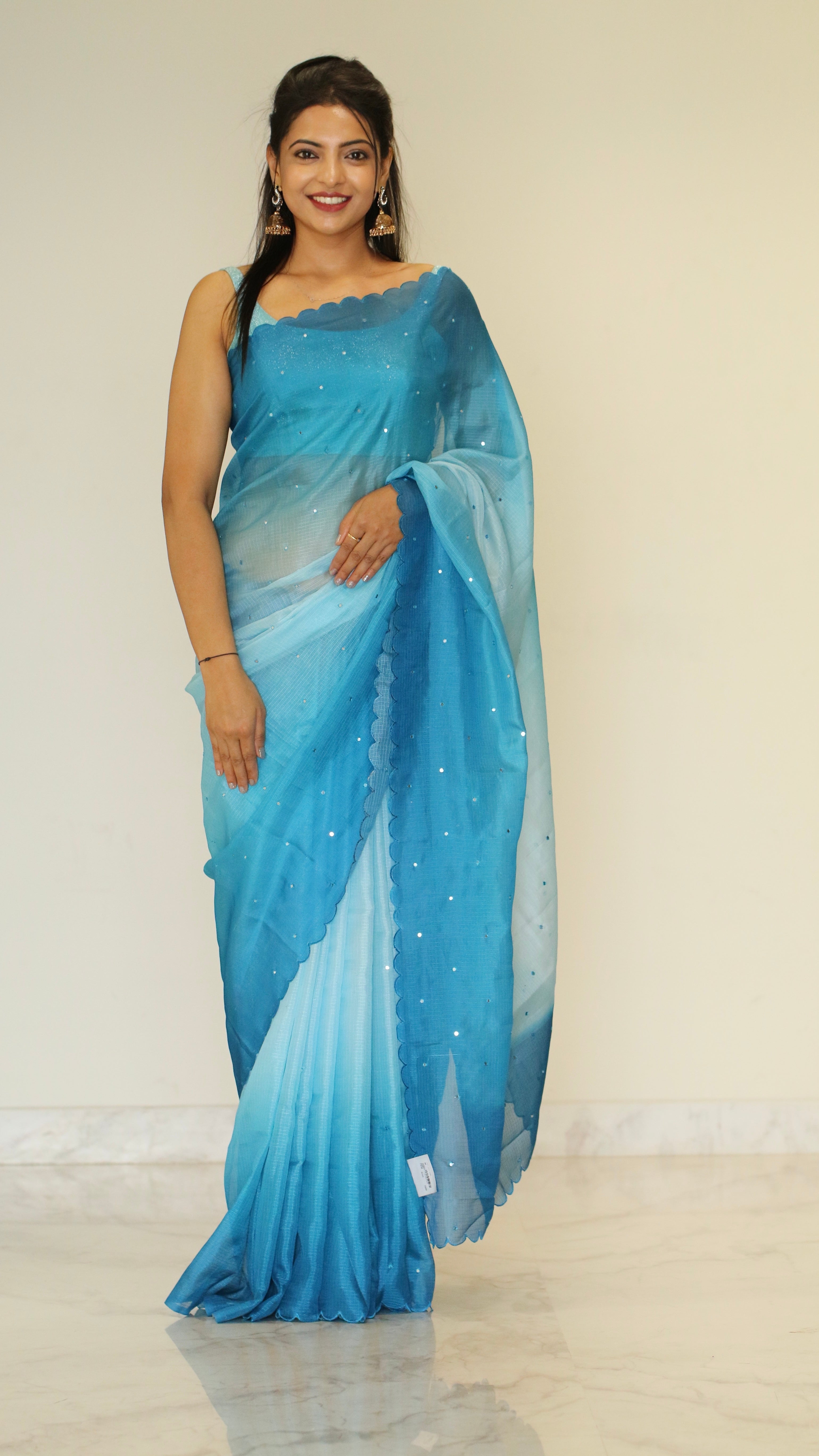 Banarasi Kota Glass Cut Work- Sea Blue Breeze Saree