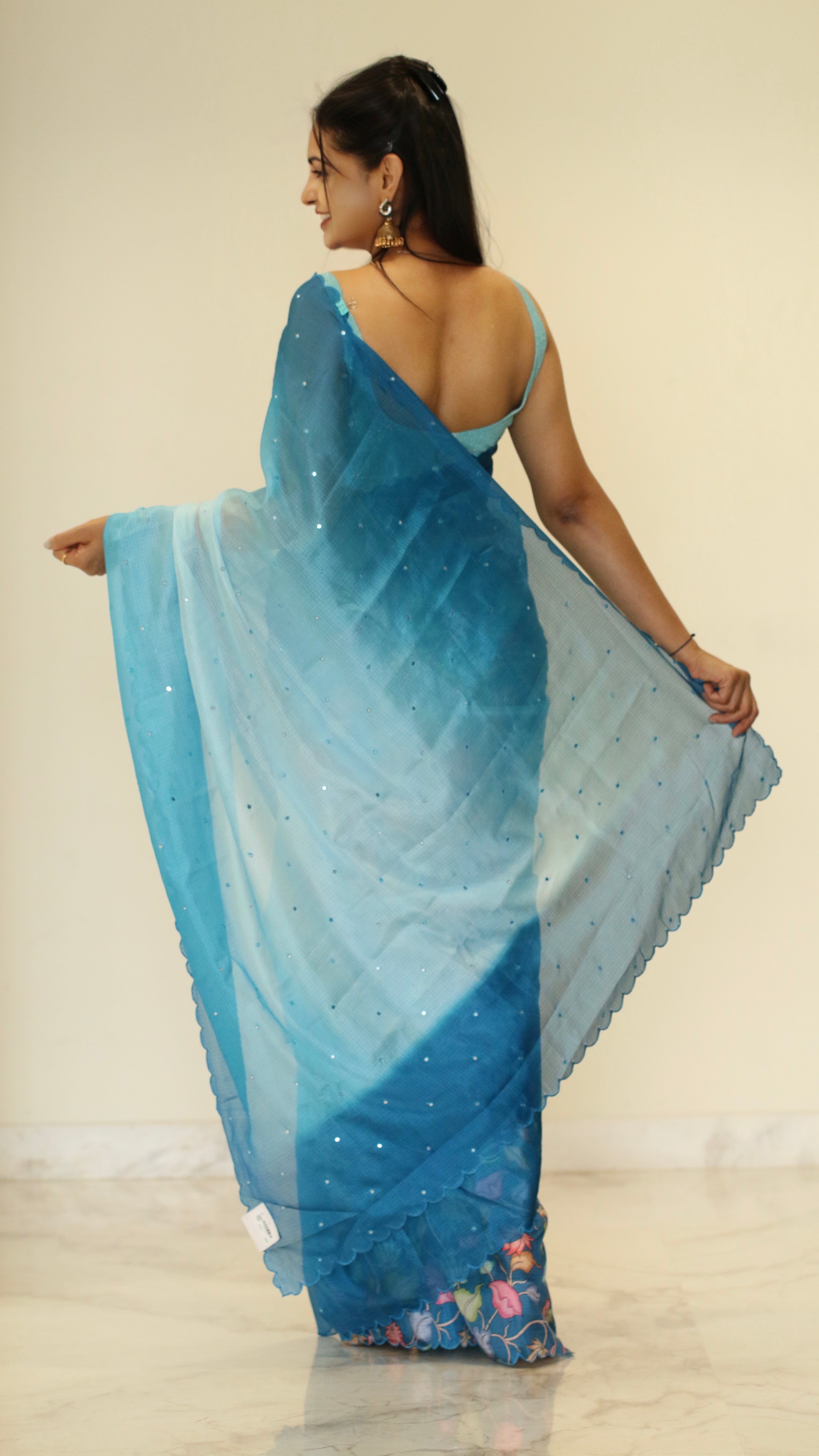 Banarasi Kota Glass Cut Work- Sea Blue Breeze Saree