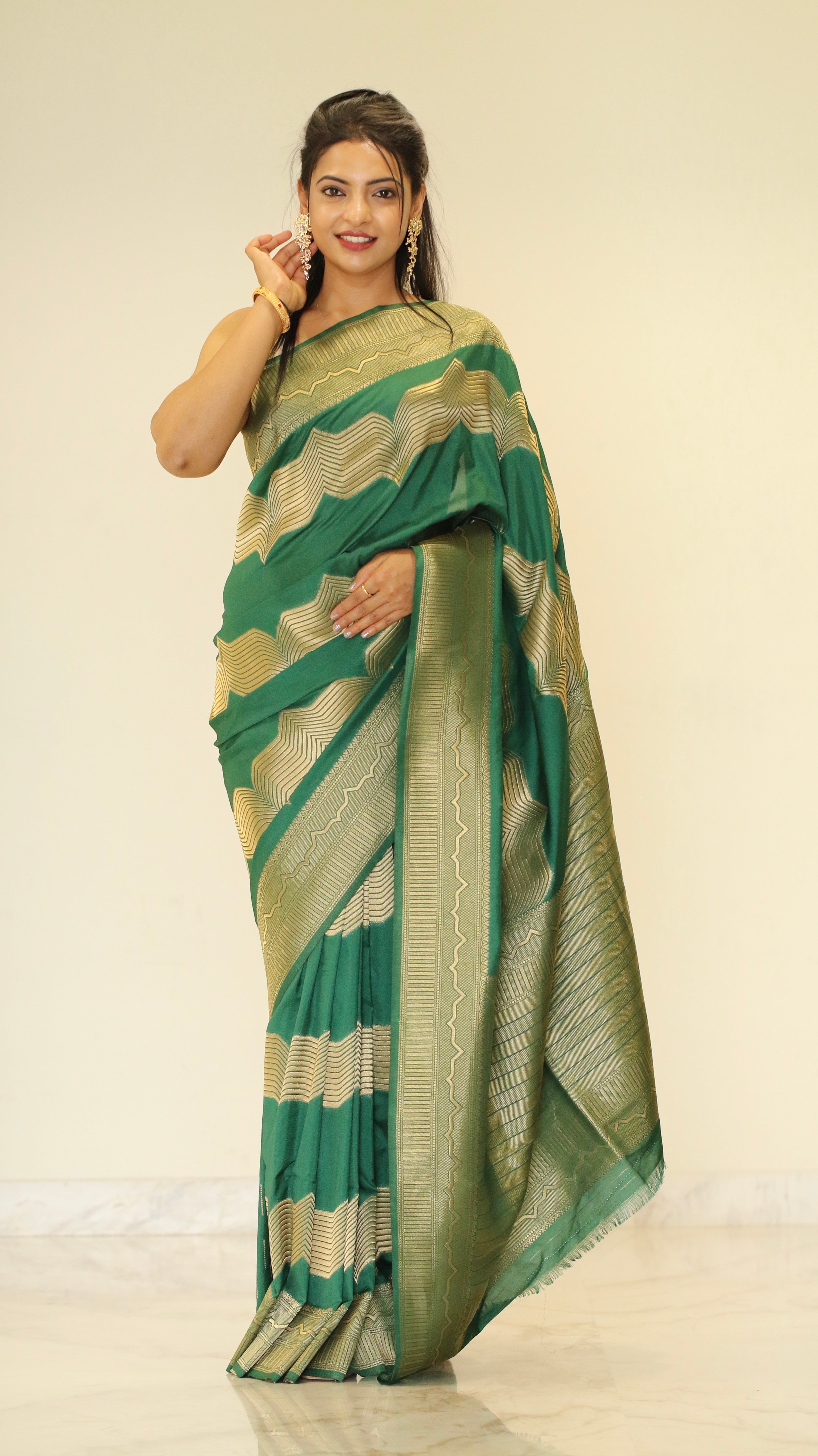 Banarasi katan stripe jari saree Emerald Green