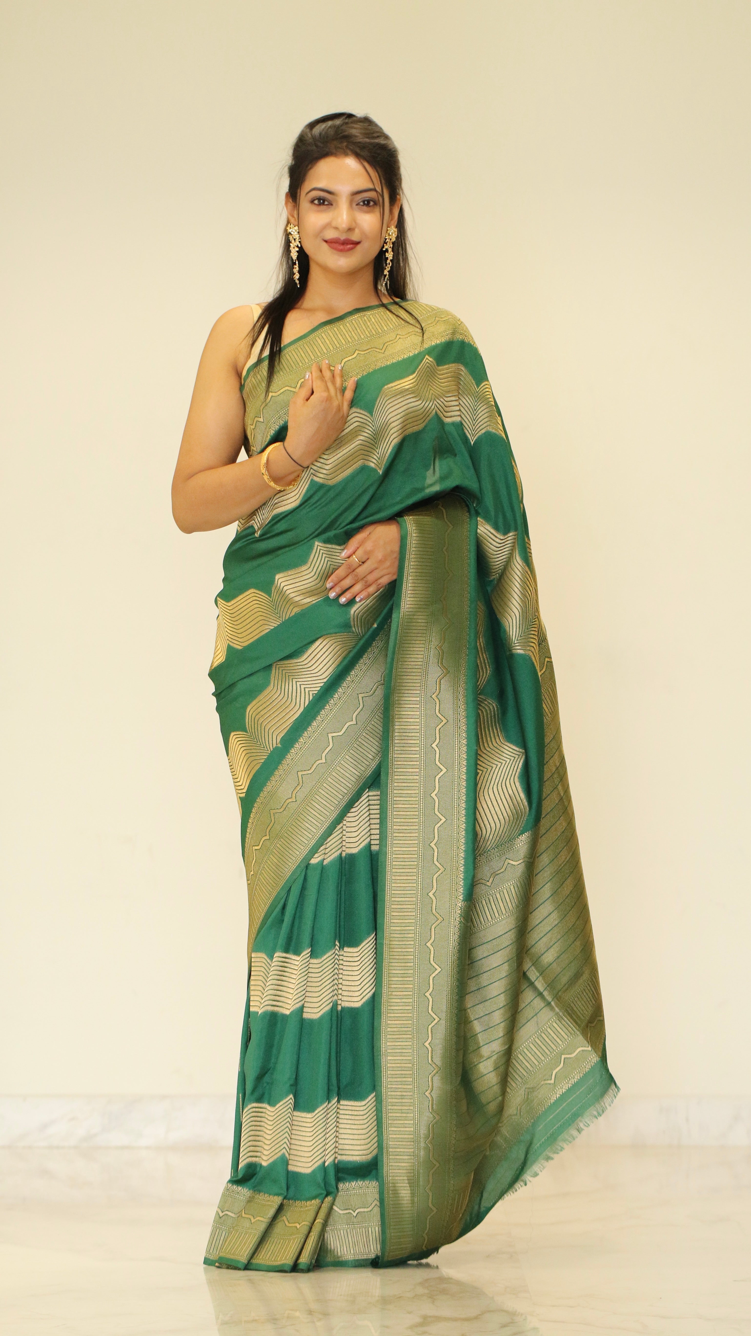 Banarasi katan stripe jari saree Emerald Green