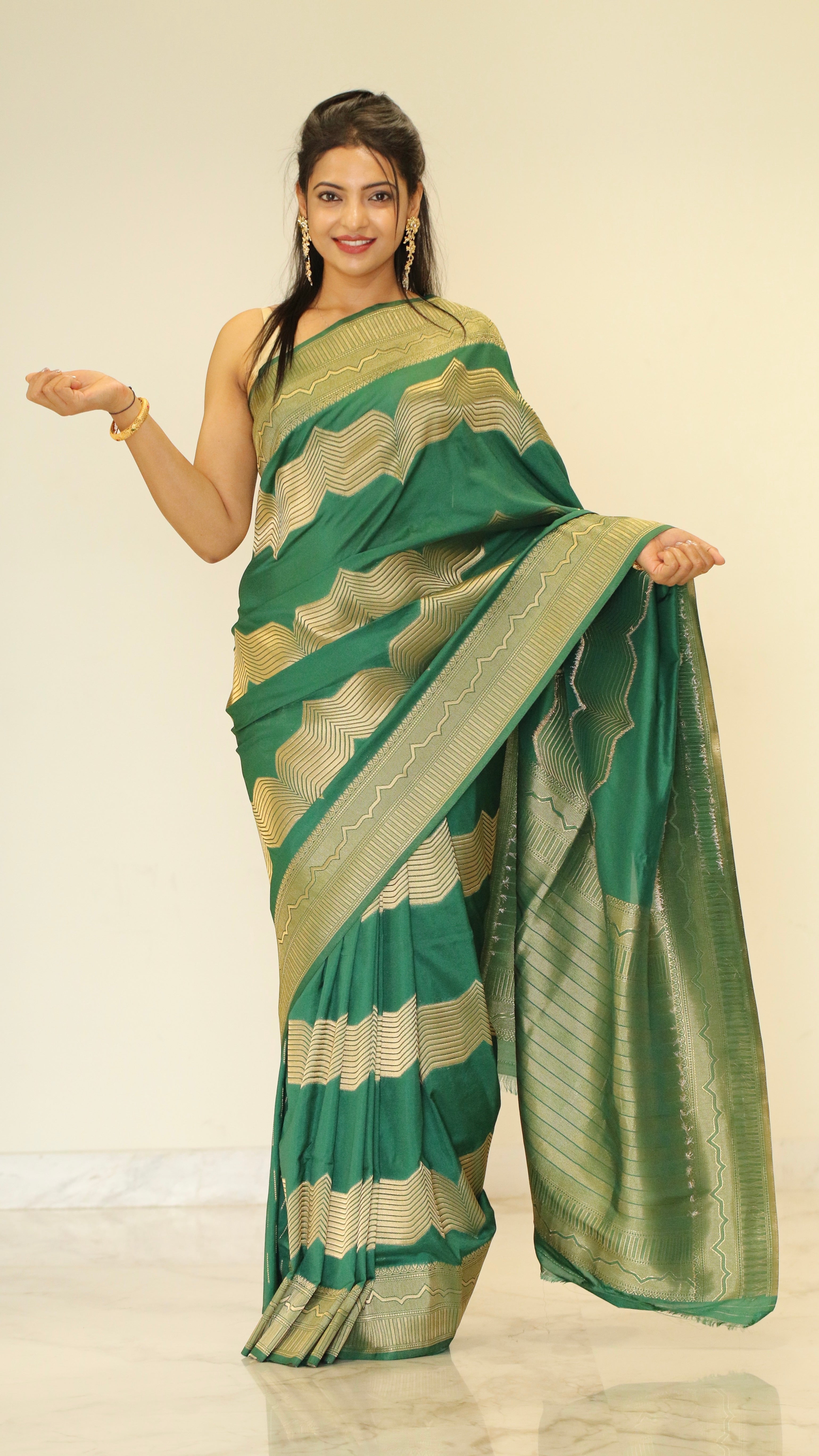 Banarasi katan stripe jari saree Emerald Green