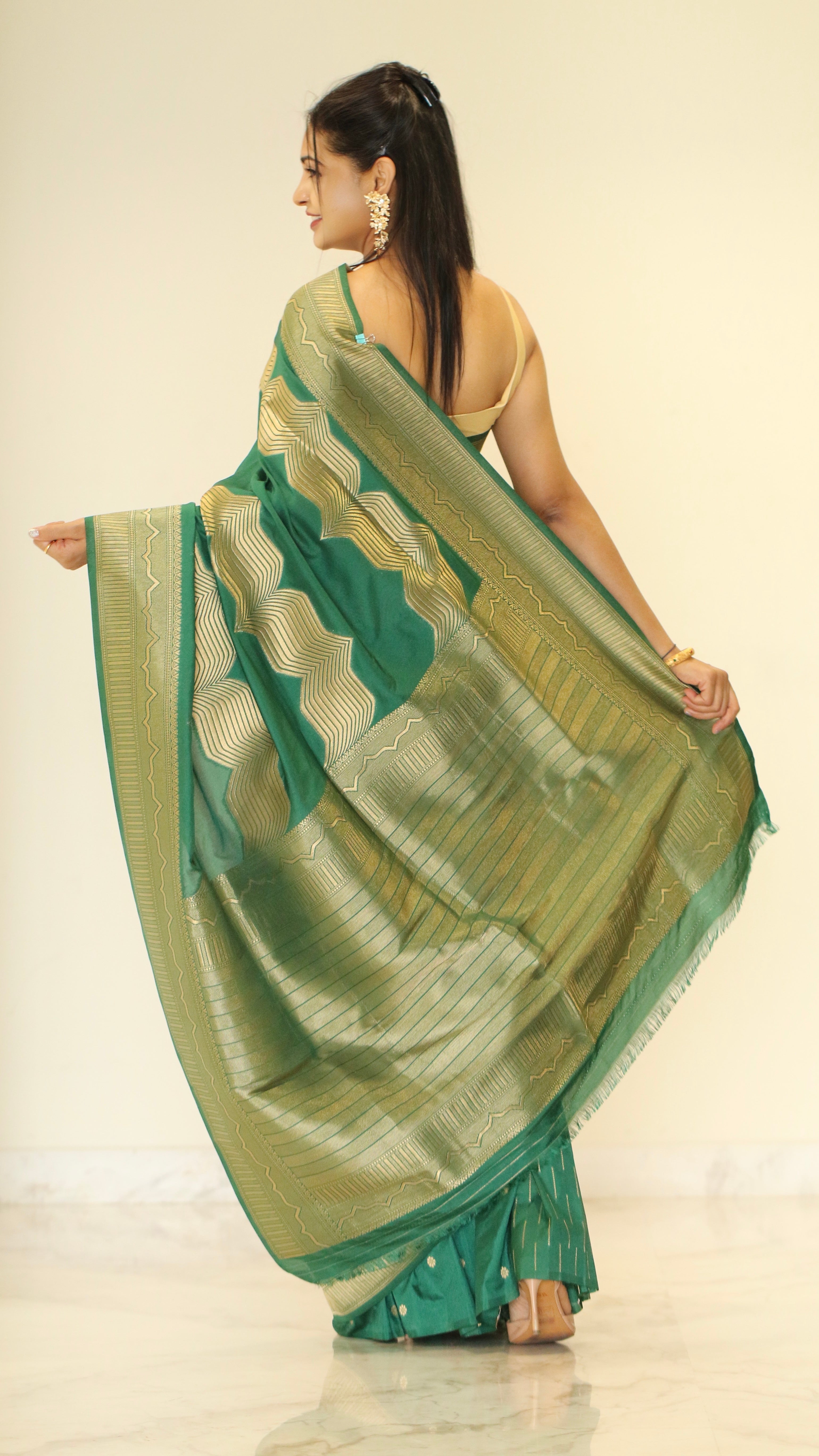 Banarasi katan stripe jari saree Emerald Green