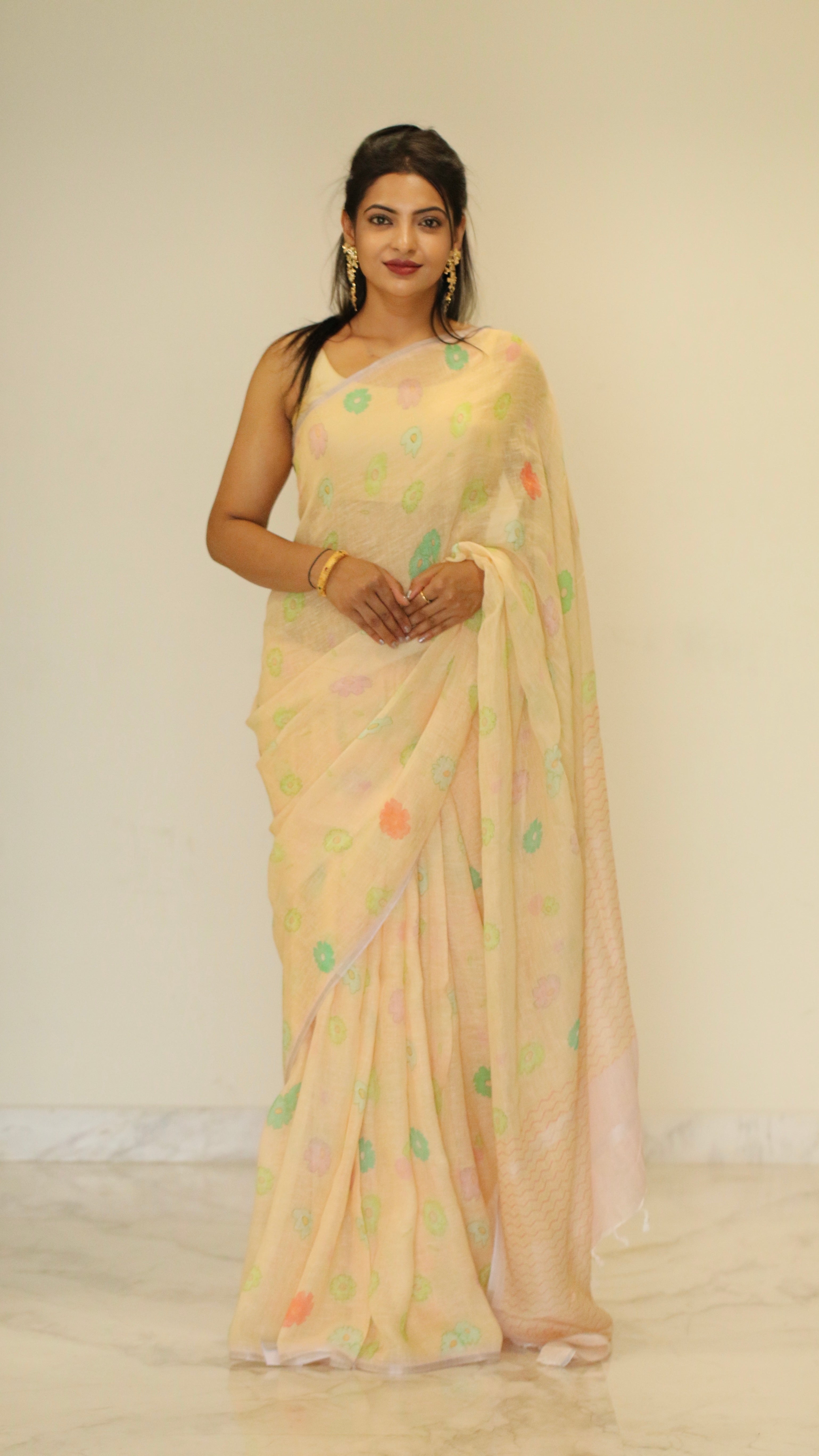 Banarasi silk linen digital printed saree - Pastel Yellow