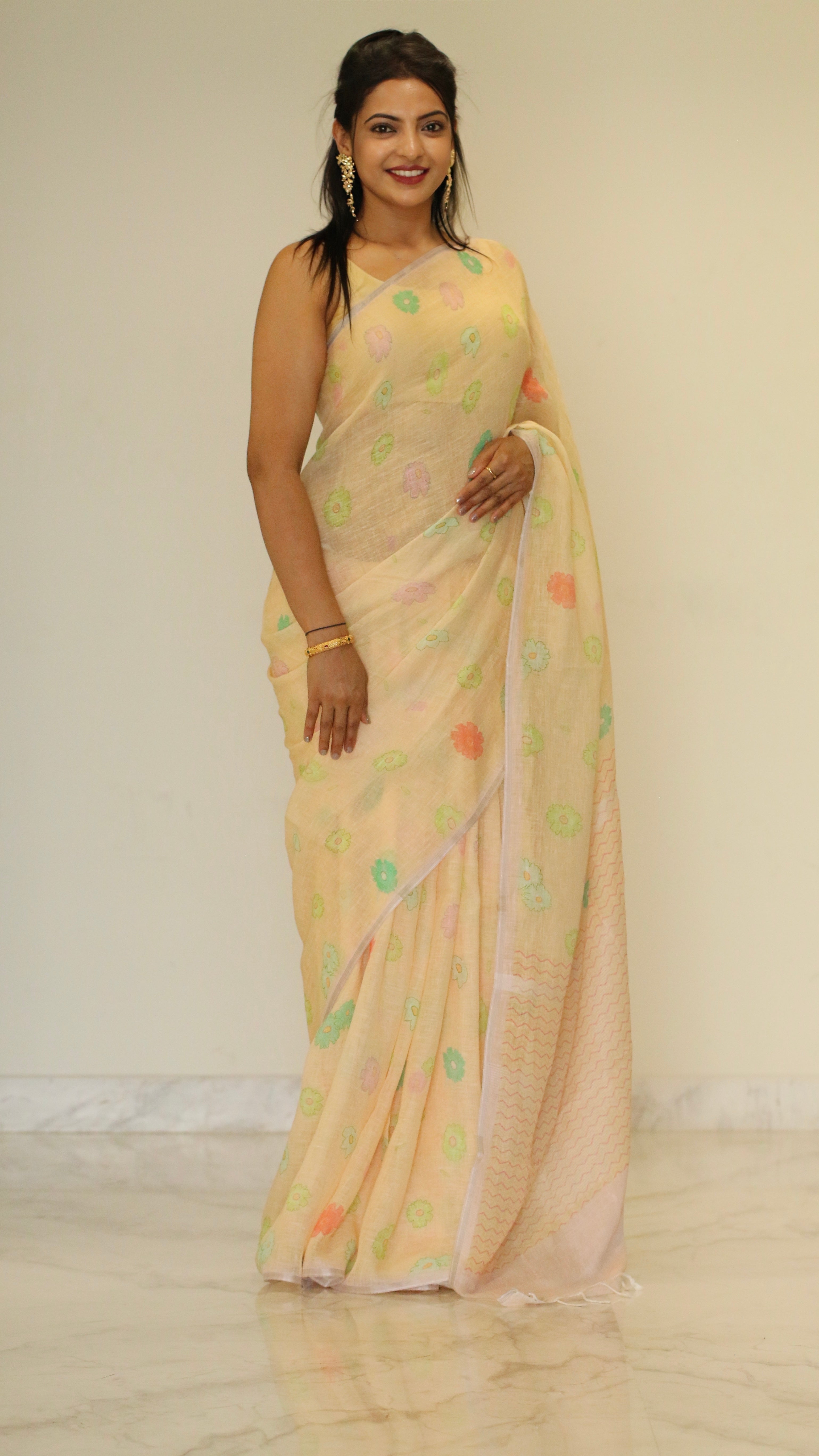 Banarasi silk linen digital printed saree - Pastel Yellow