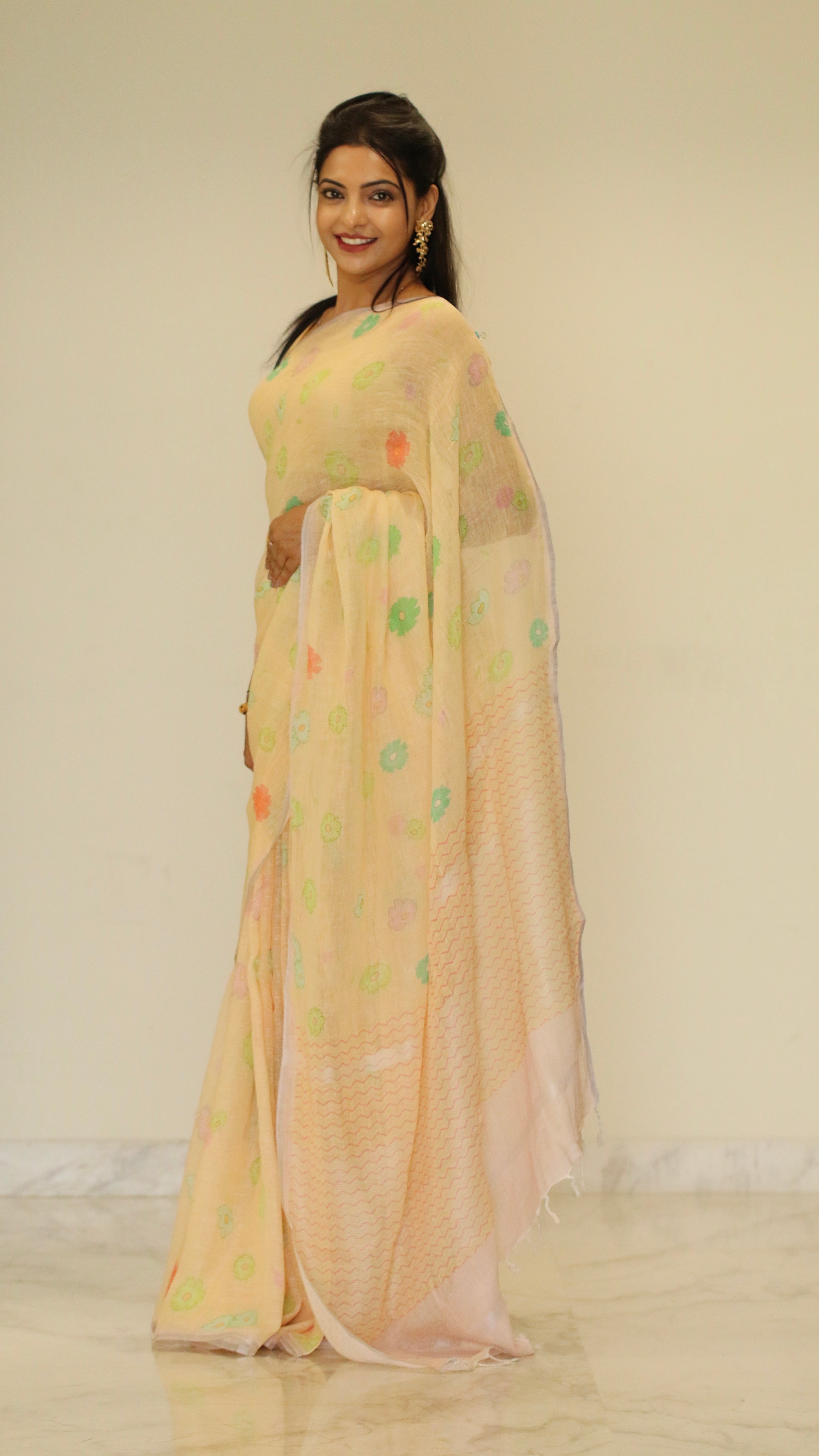 Banarasi silk linen digital printed saree - Pastel Yellow