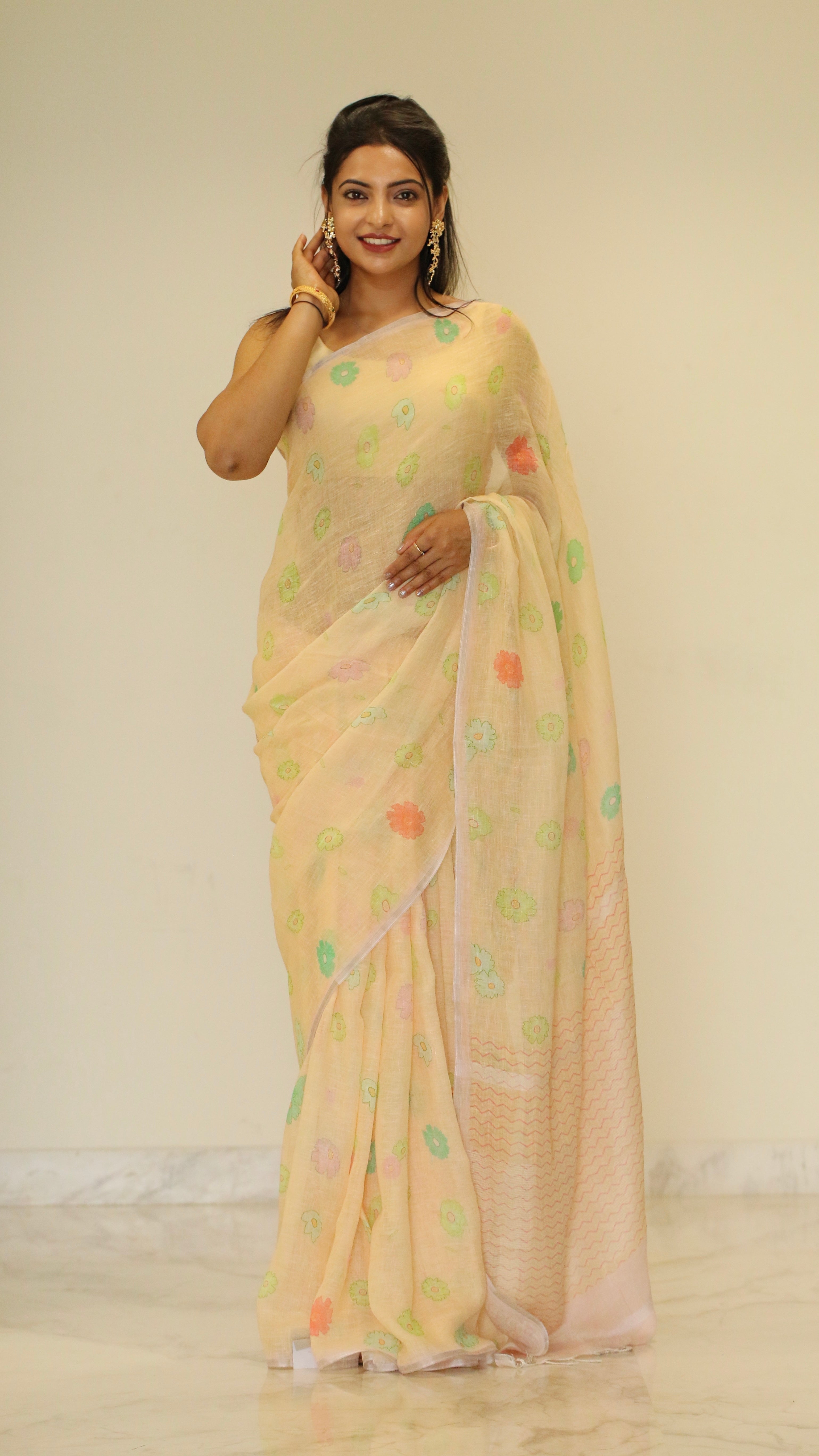 Banarasi silk linen digital printed saree - Pastel Yellow