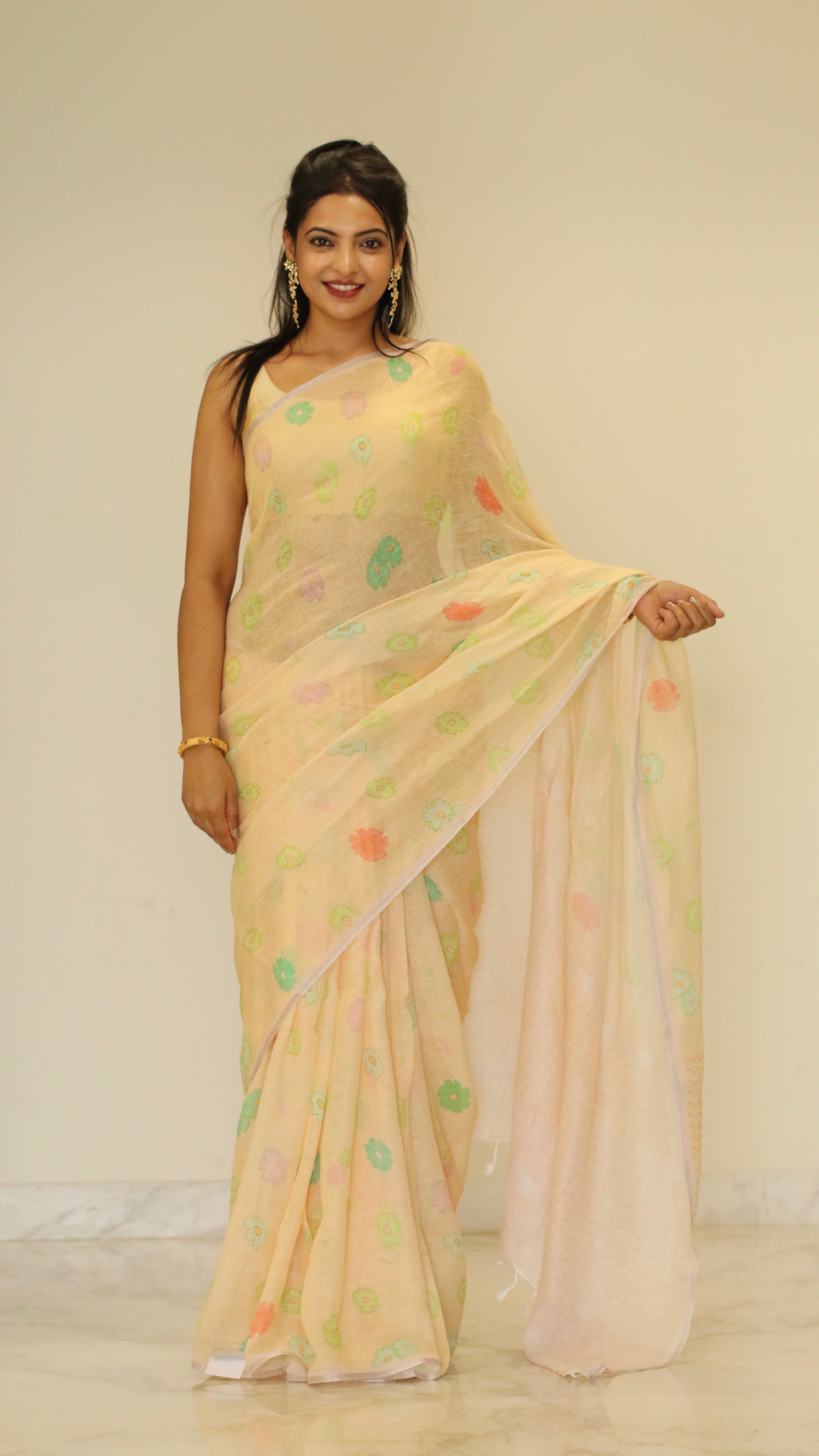 Banarasi silk linen digital printed saree - Pastel Yellow