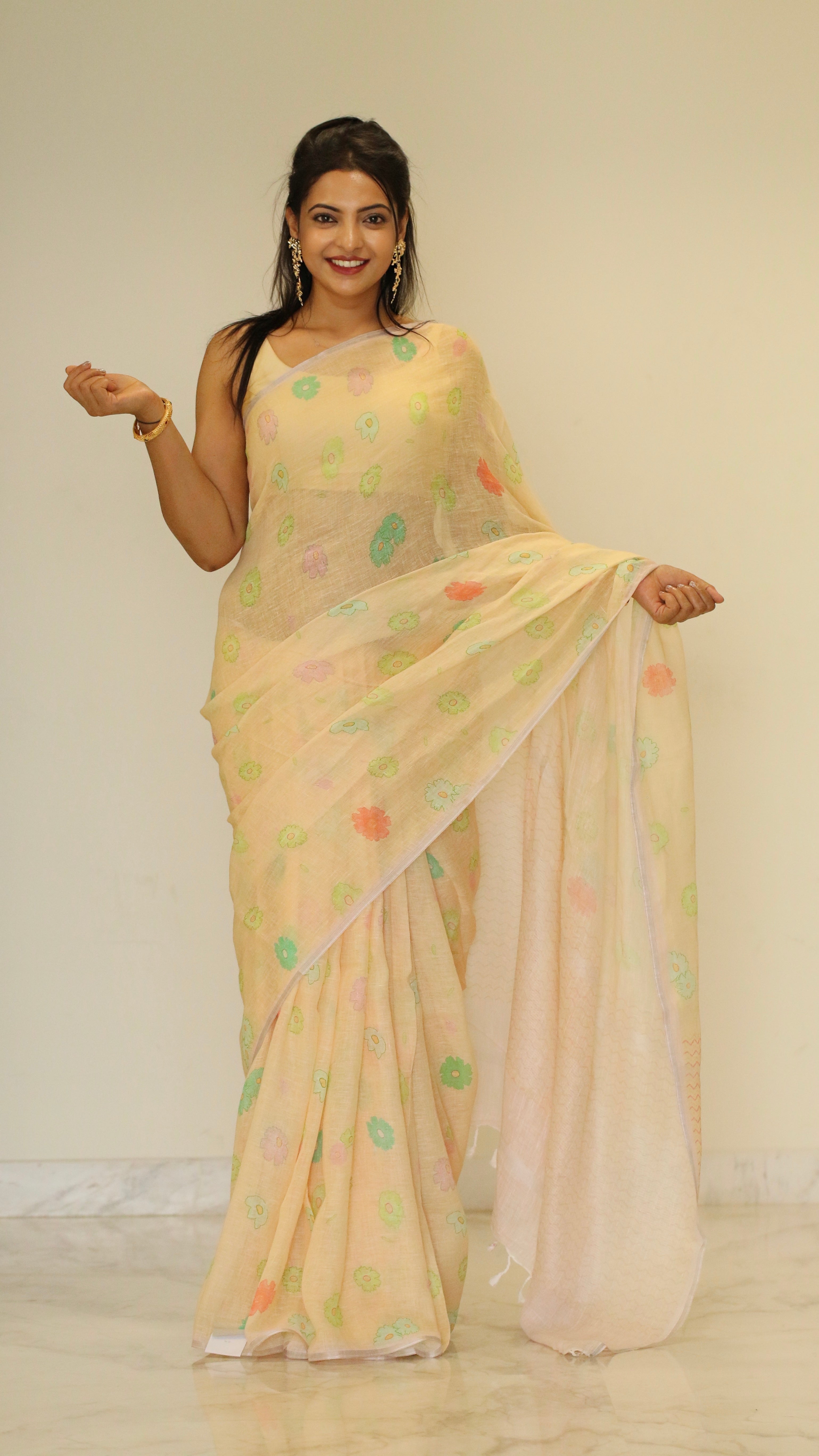 Banarasi silk linen digital printed saree - Pastel Yellow