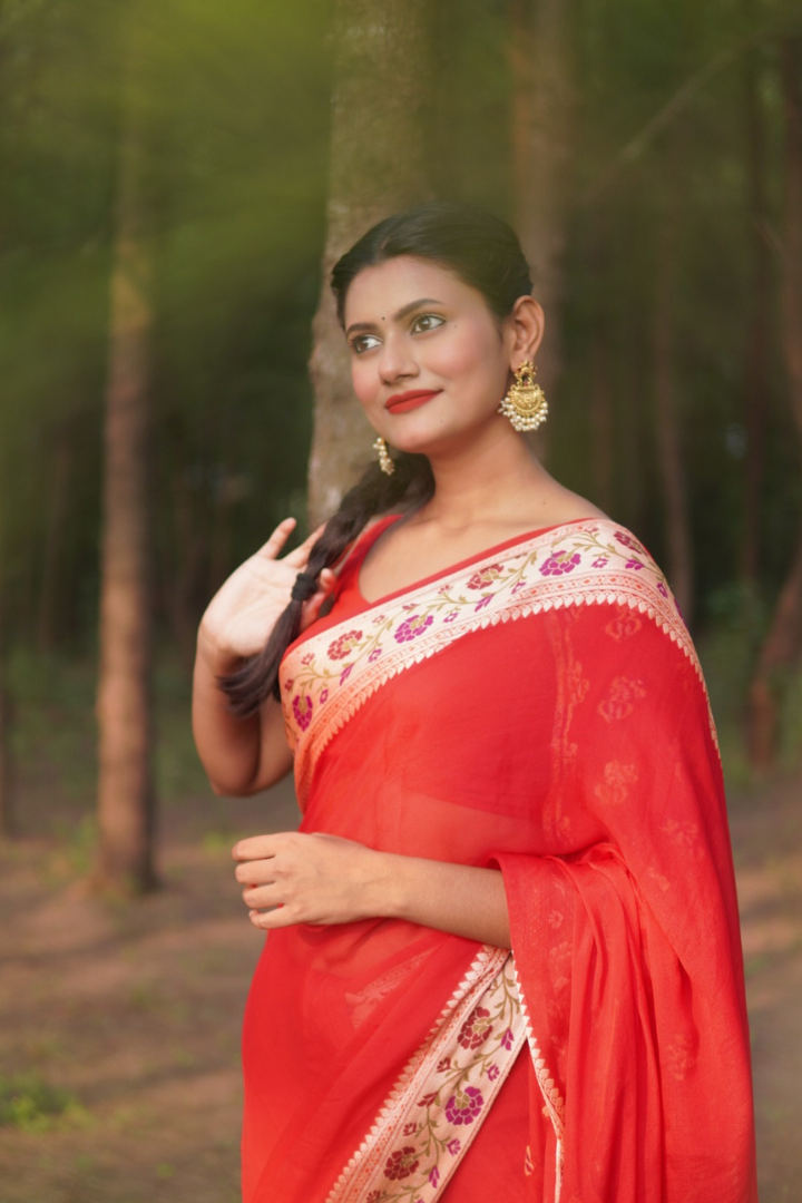 Pure Georgette Khaddi Tilfi Plain Dye Sarees - Bold Red