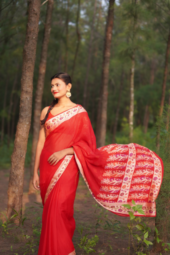 Pure Georgette Khaddi Tilfi Plain Dye Sarees - Bold Red