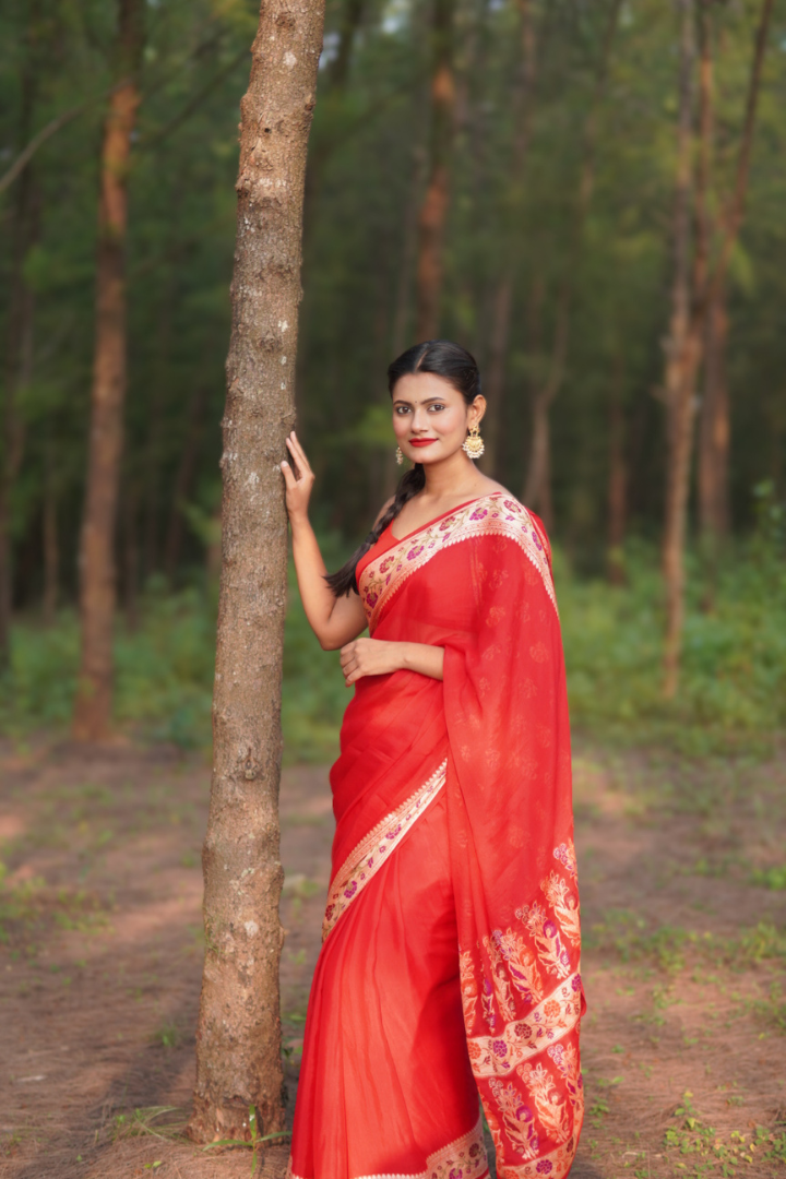 Pure Georgette Khaddi Tilfi Plain Dye Sarees - Bold Red