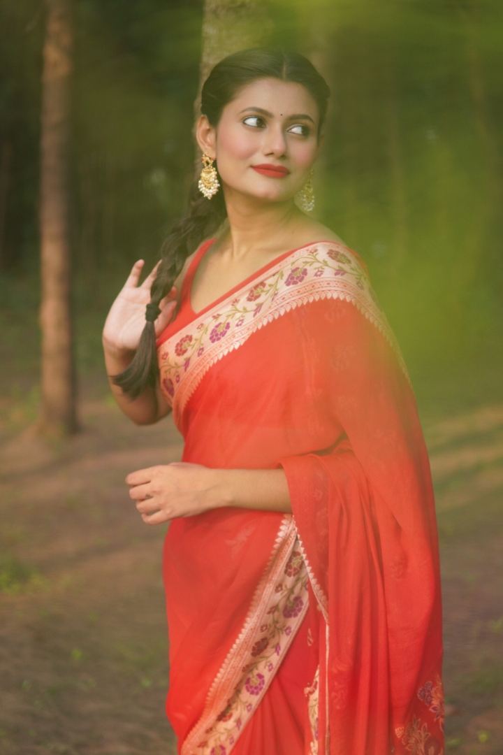 Pure Georgette Khaddi Tilfi Plain Dye Sarees - Bold Red