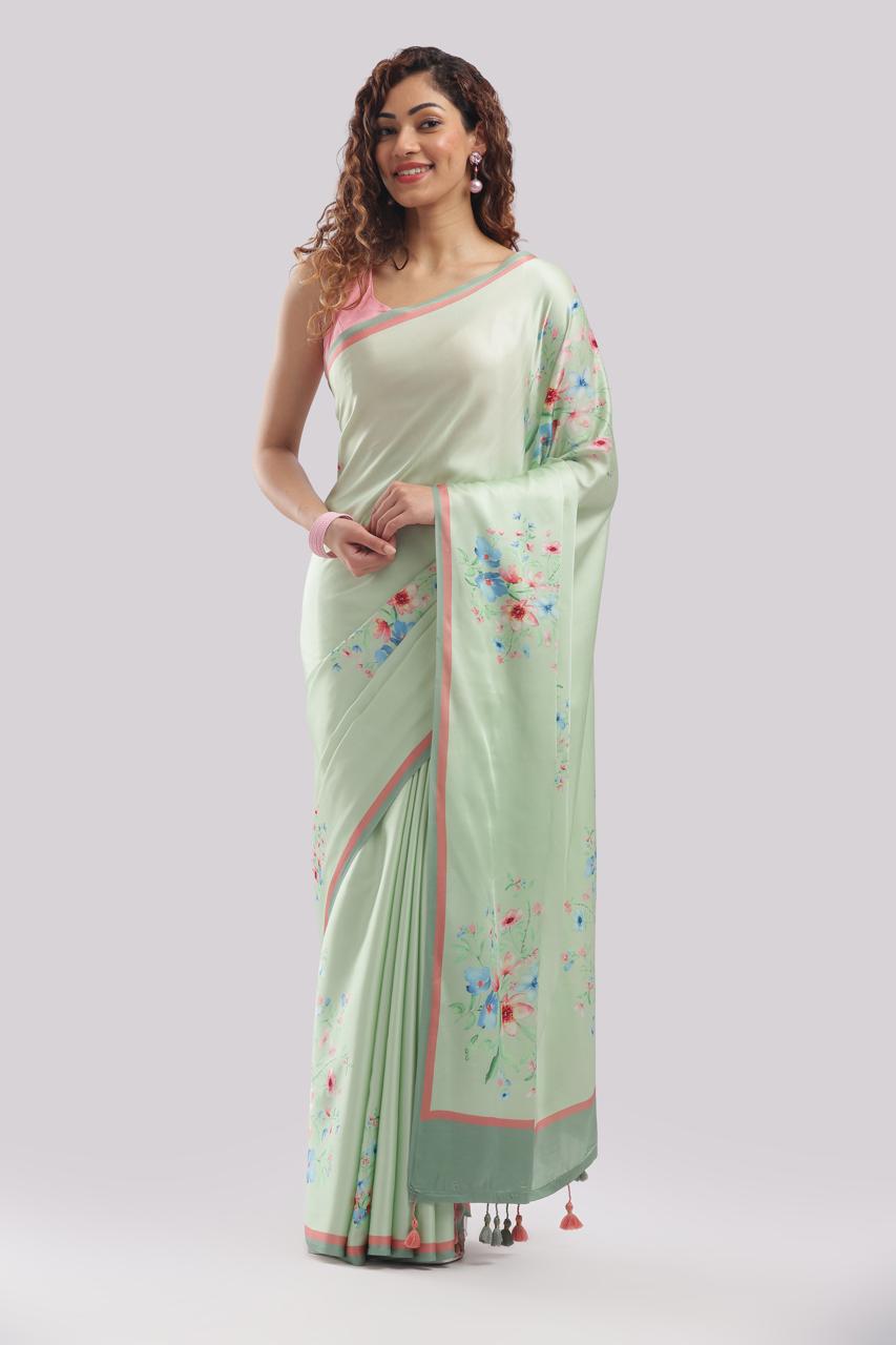 Banarasi satin silk printed saree - Pastel Mint