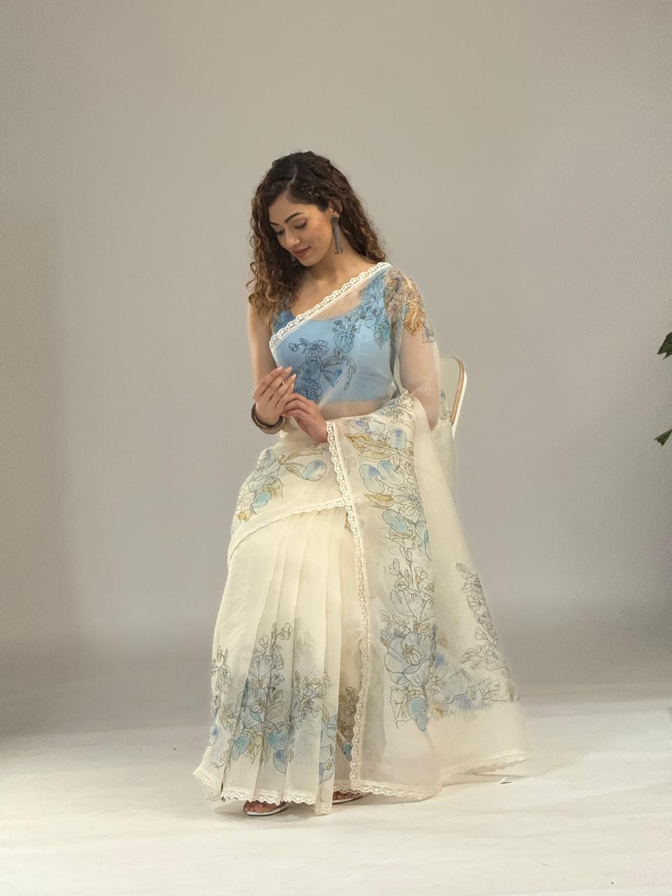 Pure Banarasi Silk Organza Digital Printed Saree - Ivory White