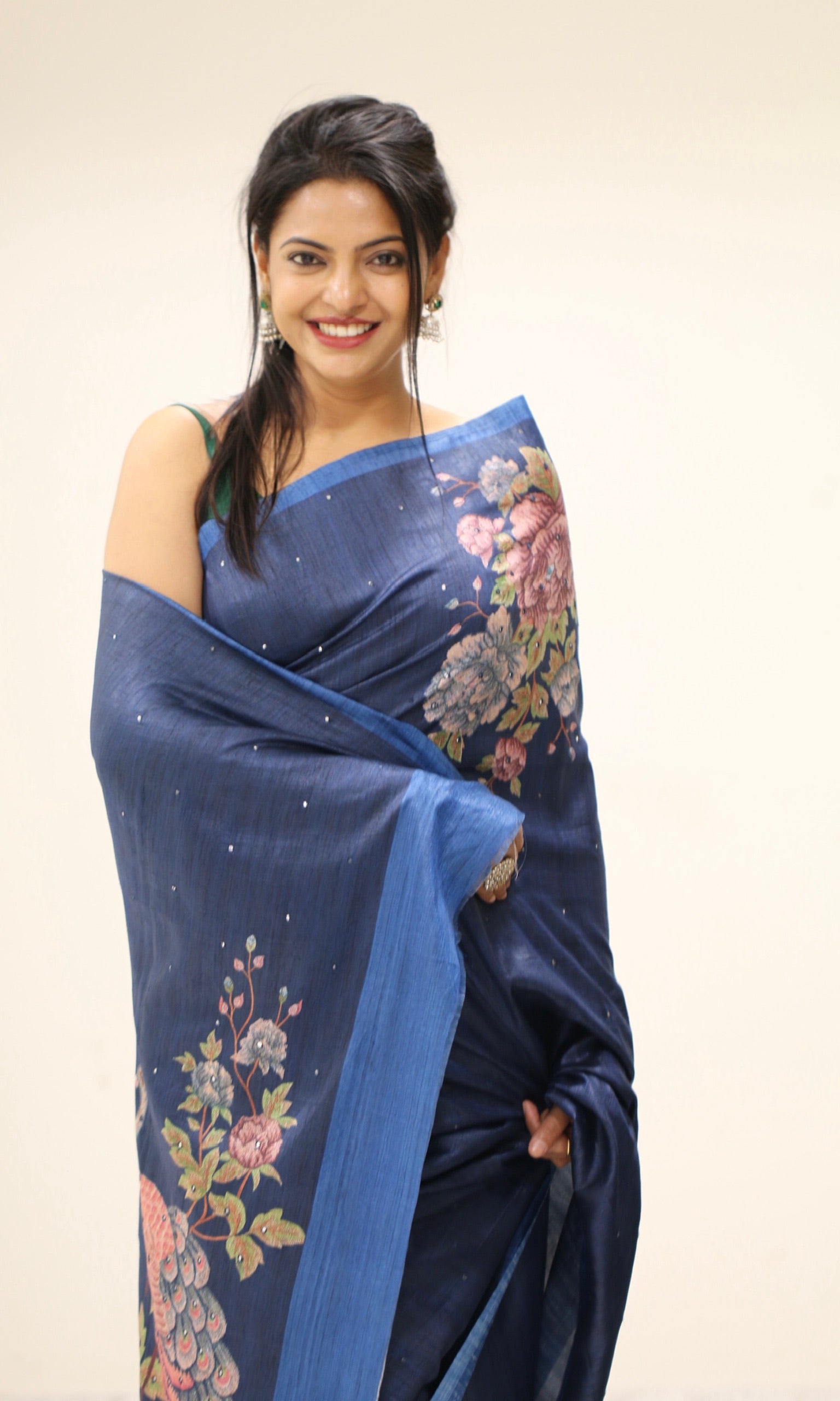 Banarasi Tusser Silk Butti Saree - Navy Blue