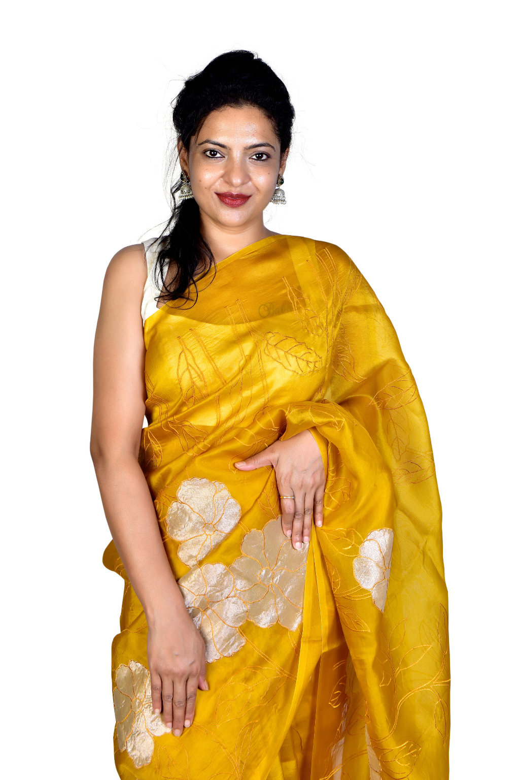 Banarasi Silk Organza Tissue Appliqué Saree - Deep Green