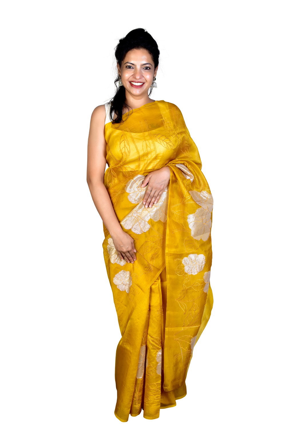 Banarasi Silk Organza Tissue Appliqué Saree - Deep Green